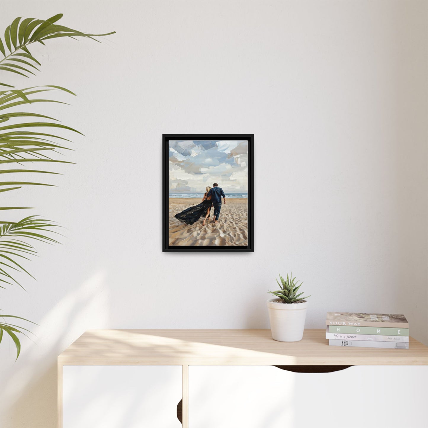 Framed Canvas Wall Art — Romantic Couple Walking on Beach Print
