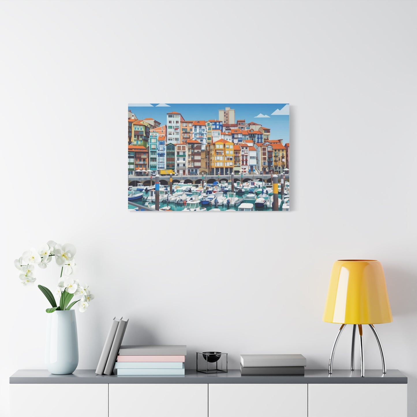 Colorful Coastal Harbor Matte Canvas Print — Stretched Wall Art