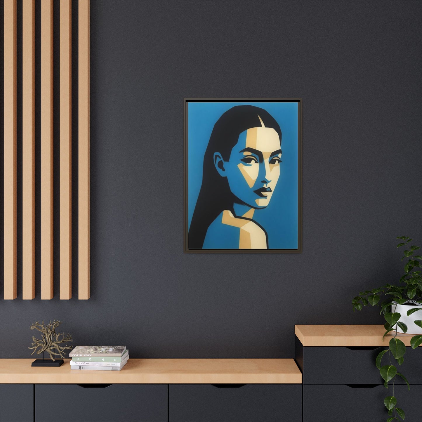 Framed Pop Art Portrait Canvas — Blue Geometric Woman Print