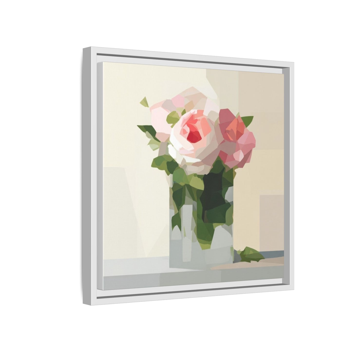 Framed Floral Canvas Print — Geometric Pink Rose Wall Art