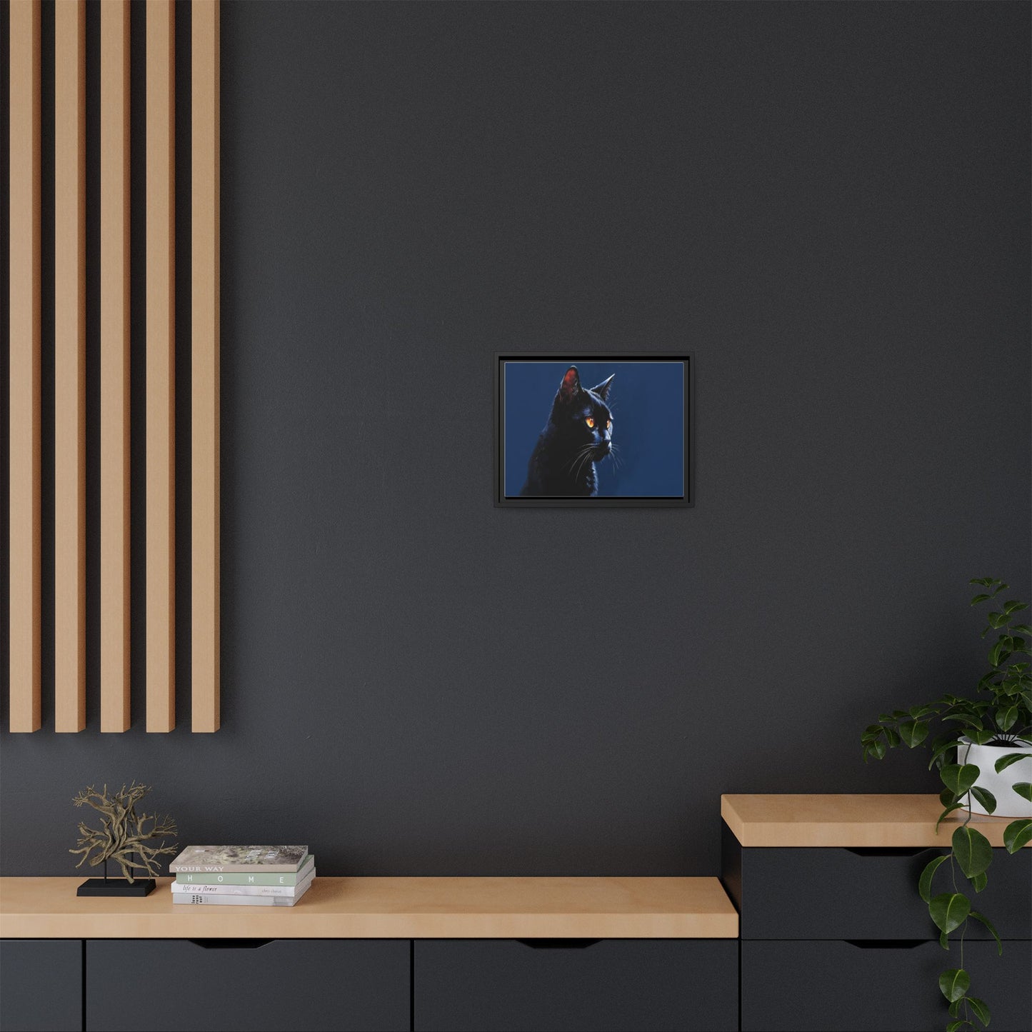 Black Cat Portrait Matte Canvas Framed Wall Art — Dramatic Feline Photo Print