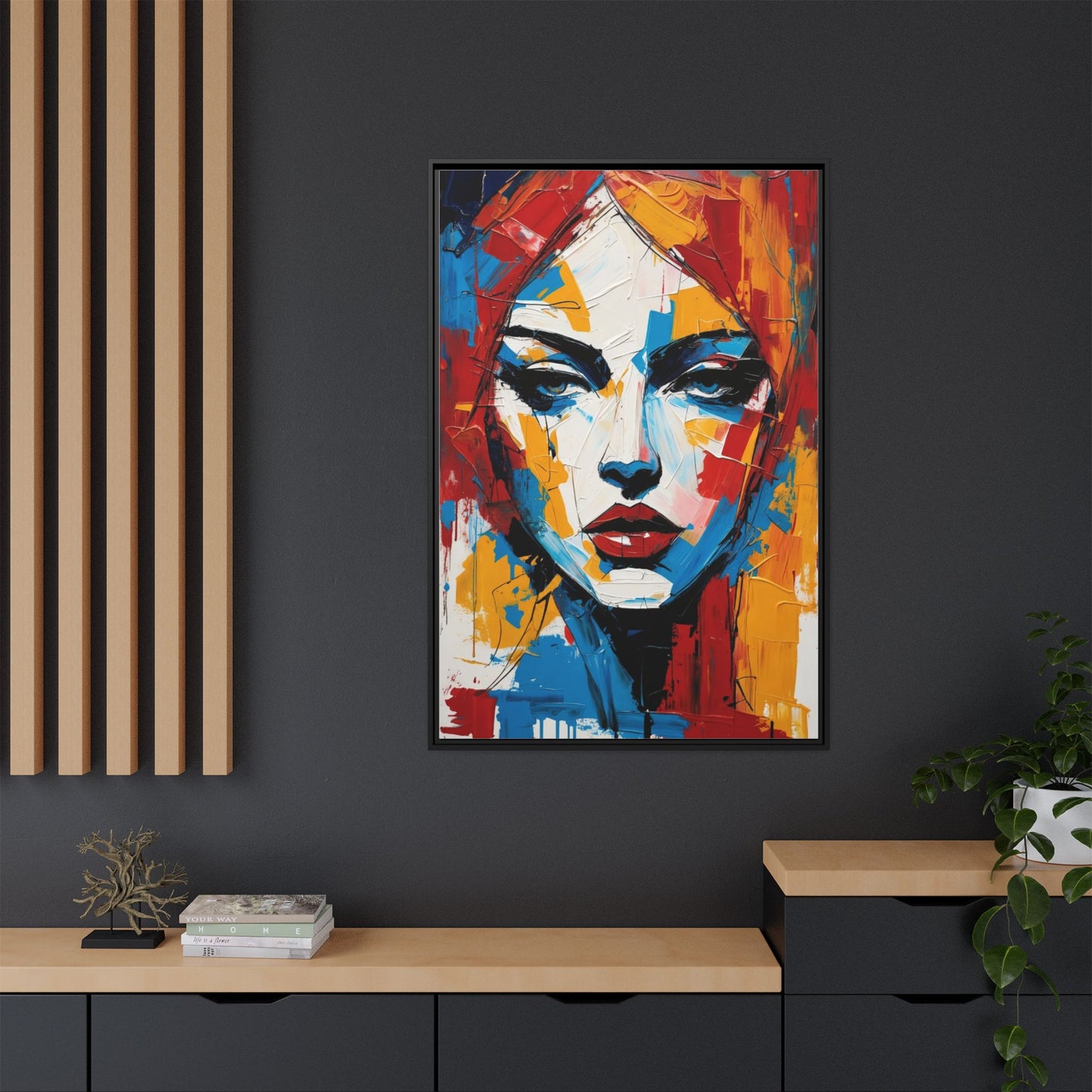 Framed Abstract Portrait Canvas — Colorful Female Face Wall Art