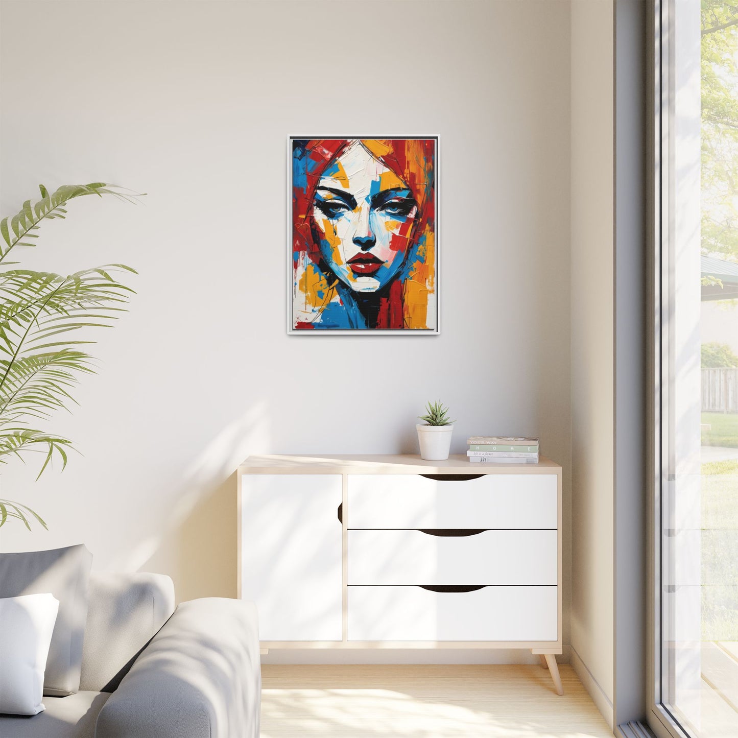 Framed Abstract Portrait Canvas — Colorful Female Face Wall Art