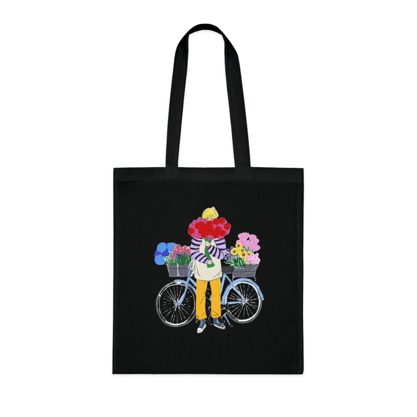 Floral Bike Tote Bag — Cotton Market Tote with Colorful Flower Bicycle Design