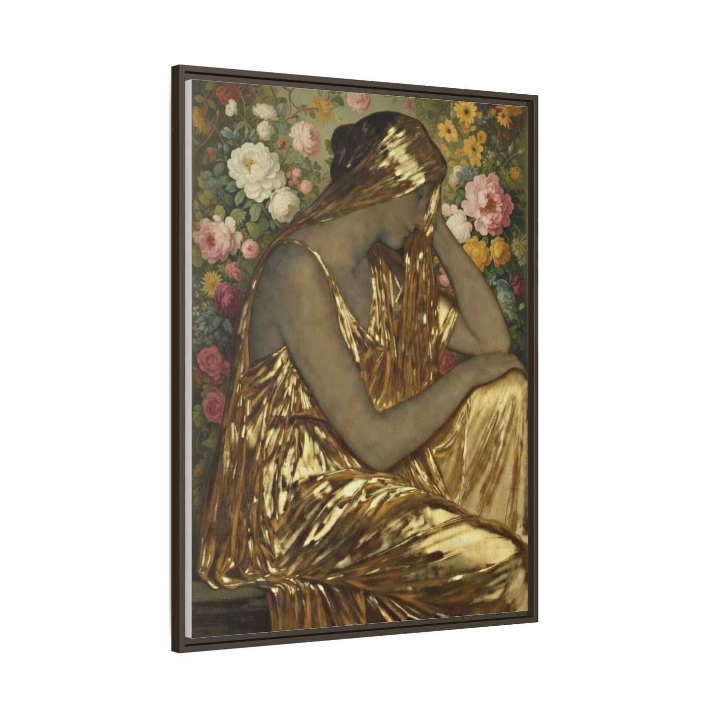 Framed Canvas Art Print — Golden Muse Woman with Floral Background