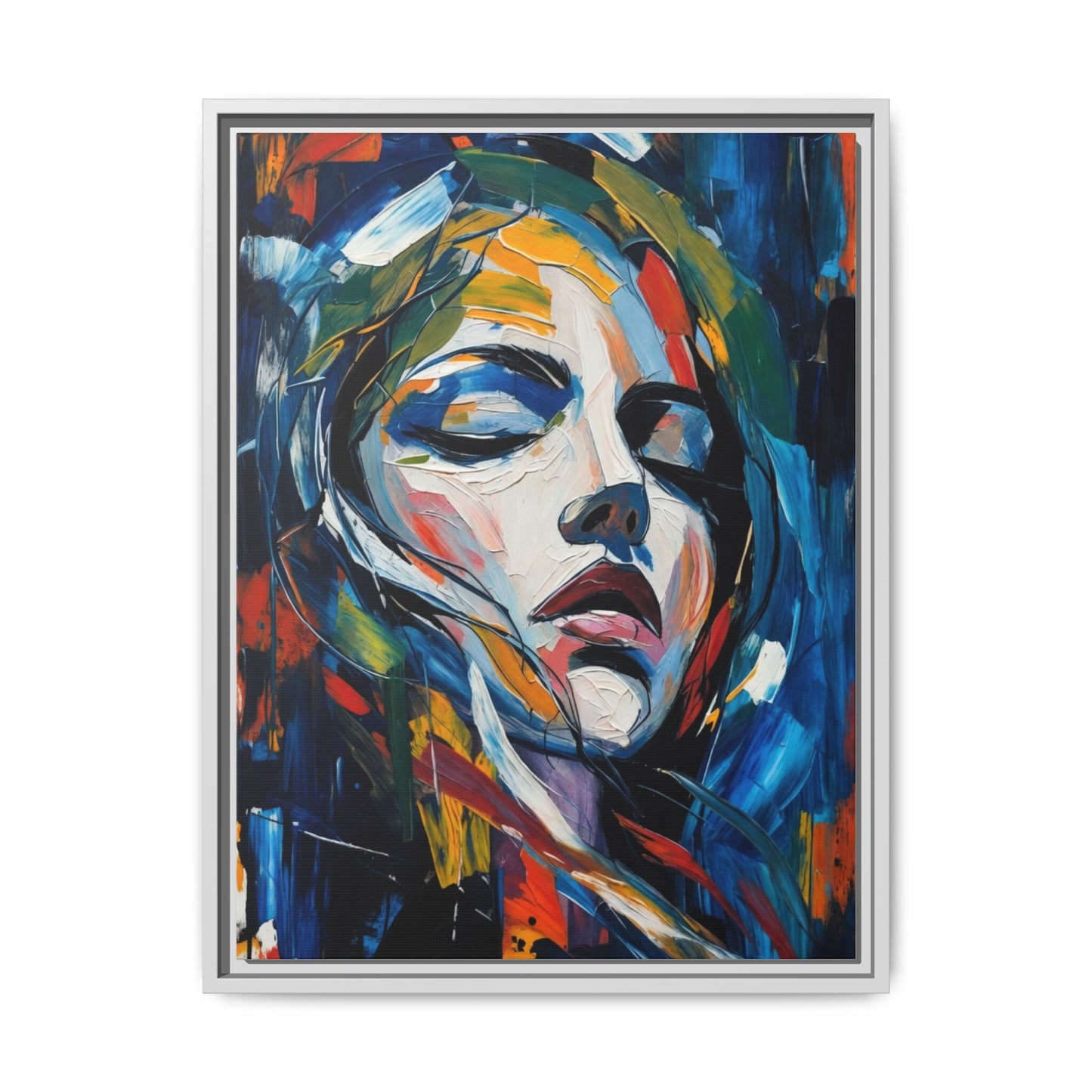Abstract Colorful Woman Portrait — Framed Matte Canvas Wall Art