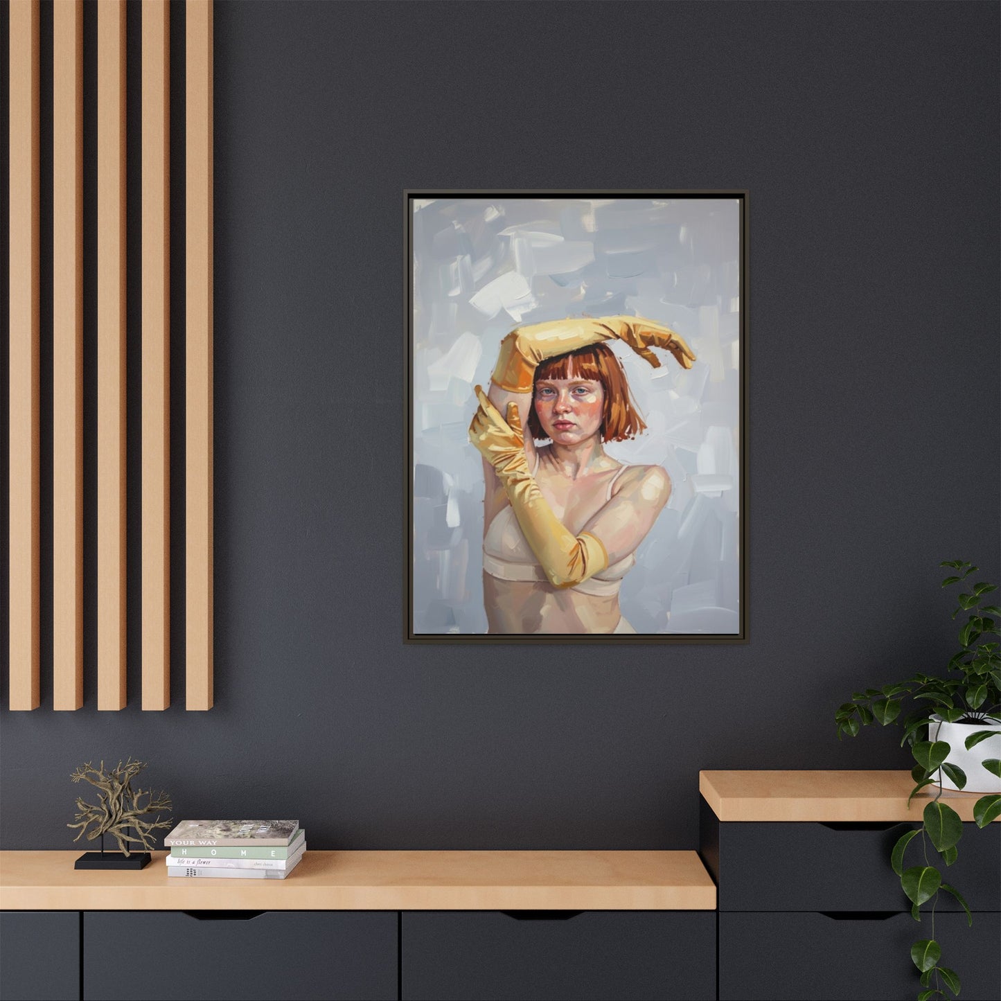 Contemporary Portrait Canvas Print — Woman with Yellow Gloves (Framed Matte)