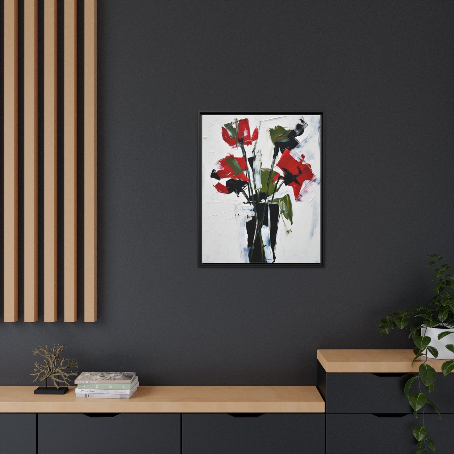 Framed Abstract Floral Canvas Print — Red Poppies in Black Vase