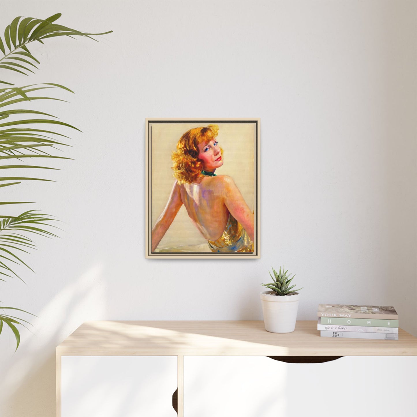 Framed Matte Canvas Print — Vintage Portrait of Redhead Greta Garbo in Gold Dress