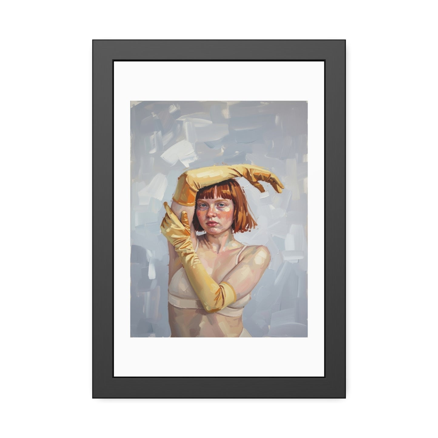 Framed Art Print — Portrait of Woman in Yellow Gloves (Modern Figurative Wall Art)