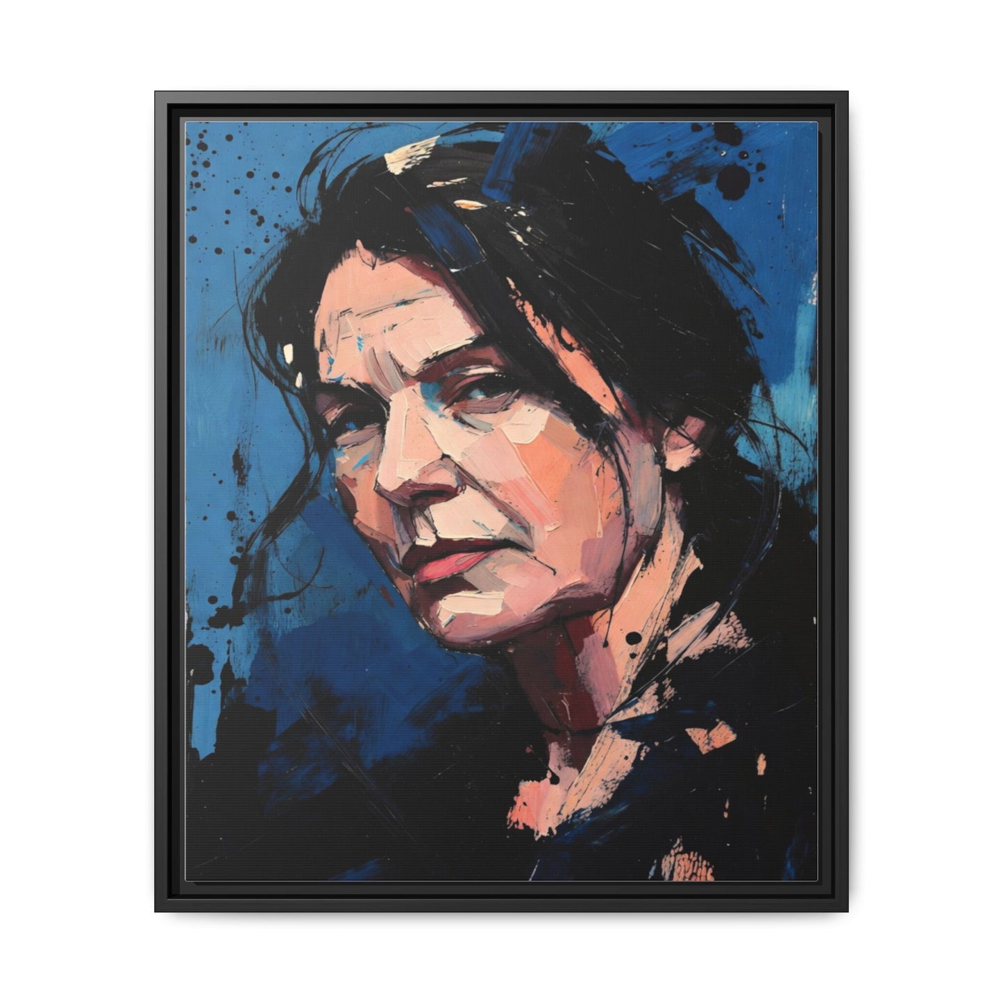 Framed Matte Canvas Portrait — Expressive Blue Painterly Woman Art