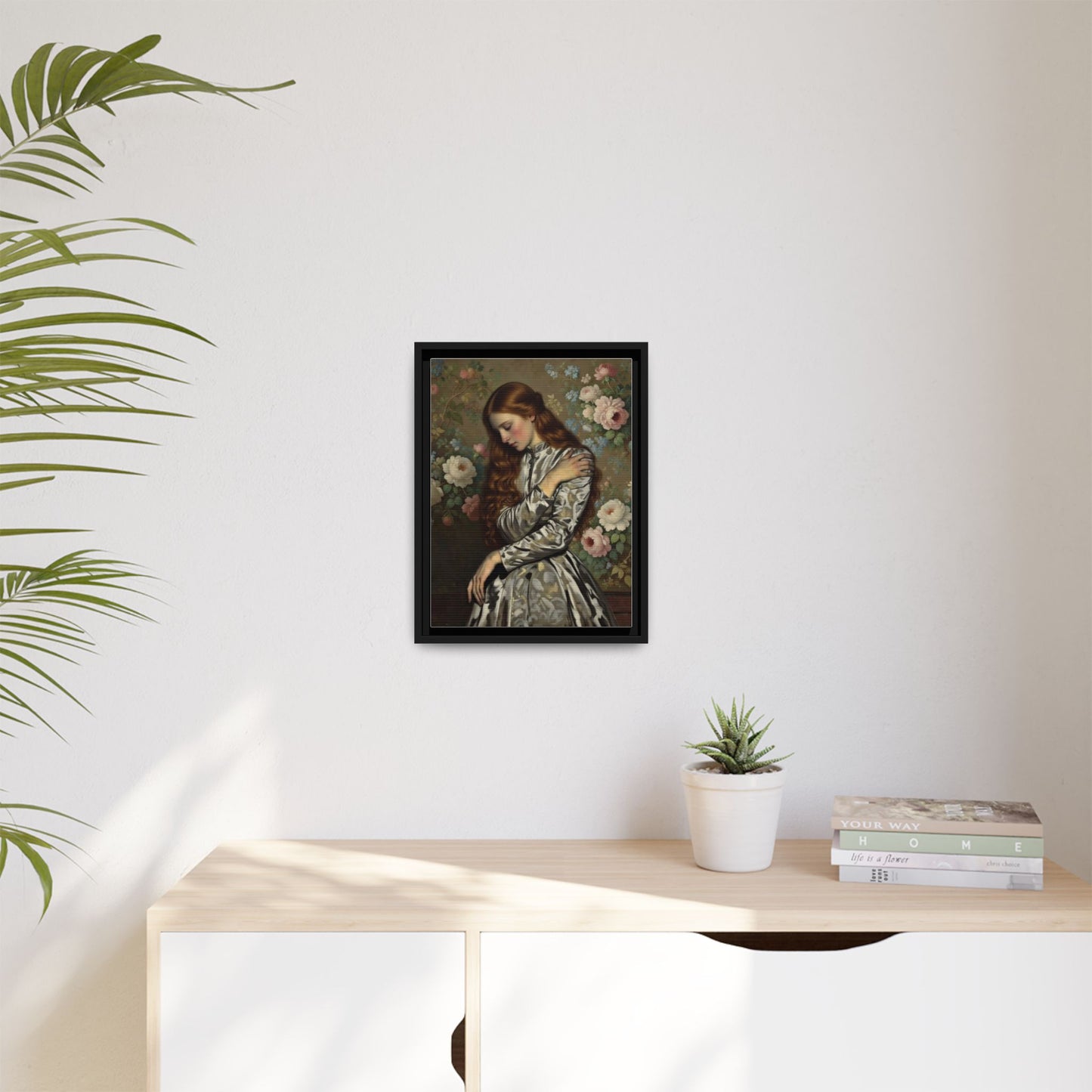 Framed Matte Canvas Art — Vintage Floral Portrait of a Young Woman