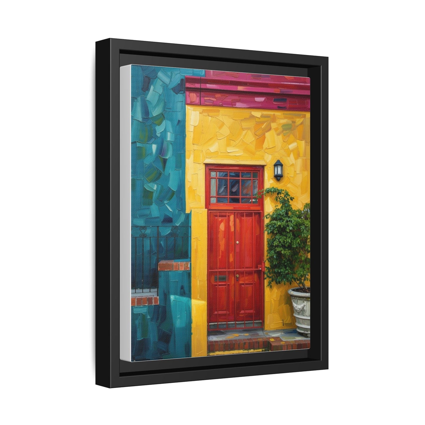 Framed Matte Canvas Wall Art — Colorful Red Door on Yellow Facade