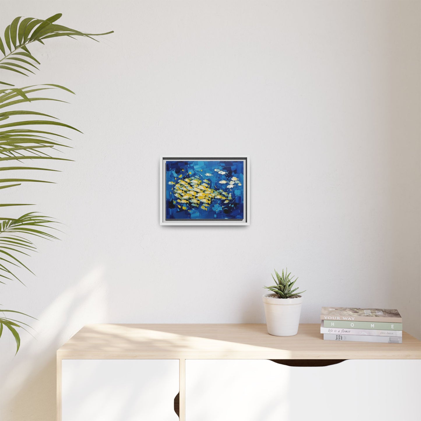 Framed Matte Canvas: Blue School of Fish Wall Art