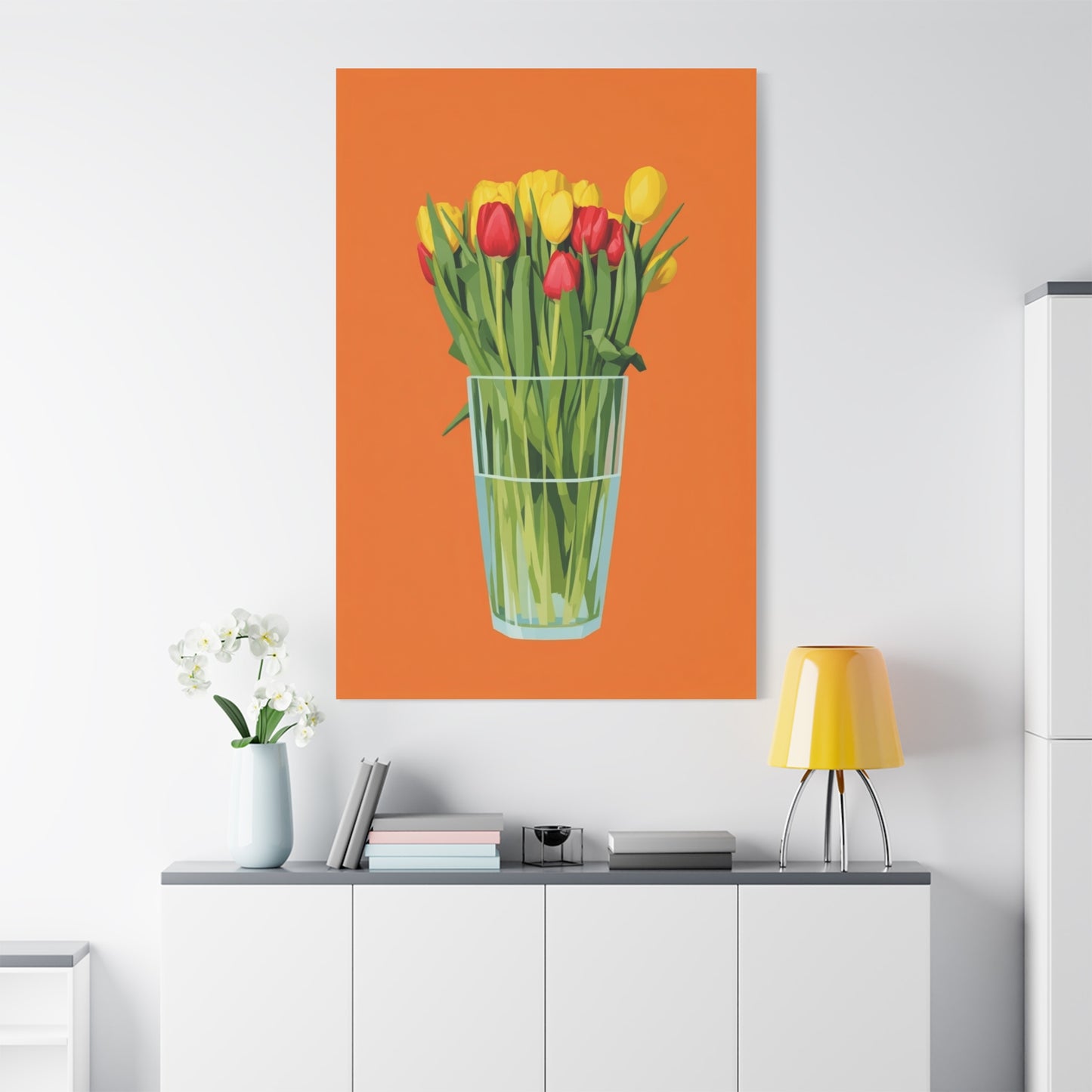 Tulip Bouquet Canvas Wall Art – Glass Vase on Orange