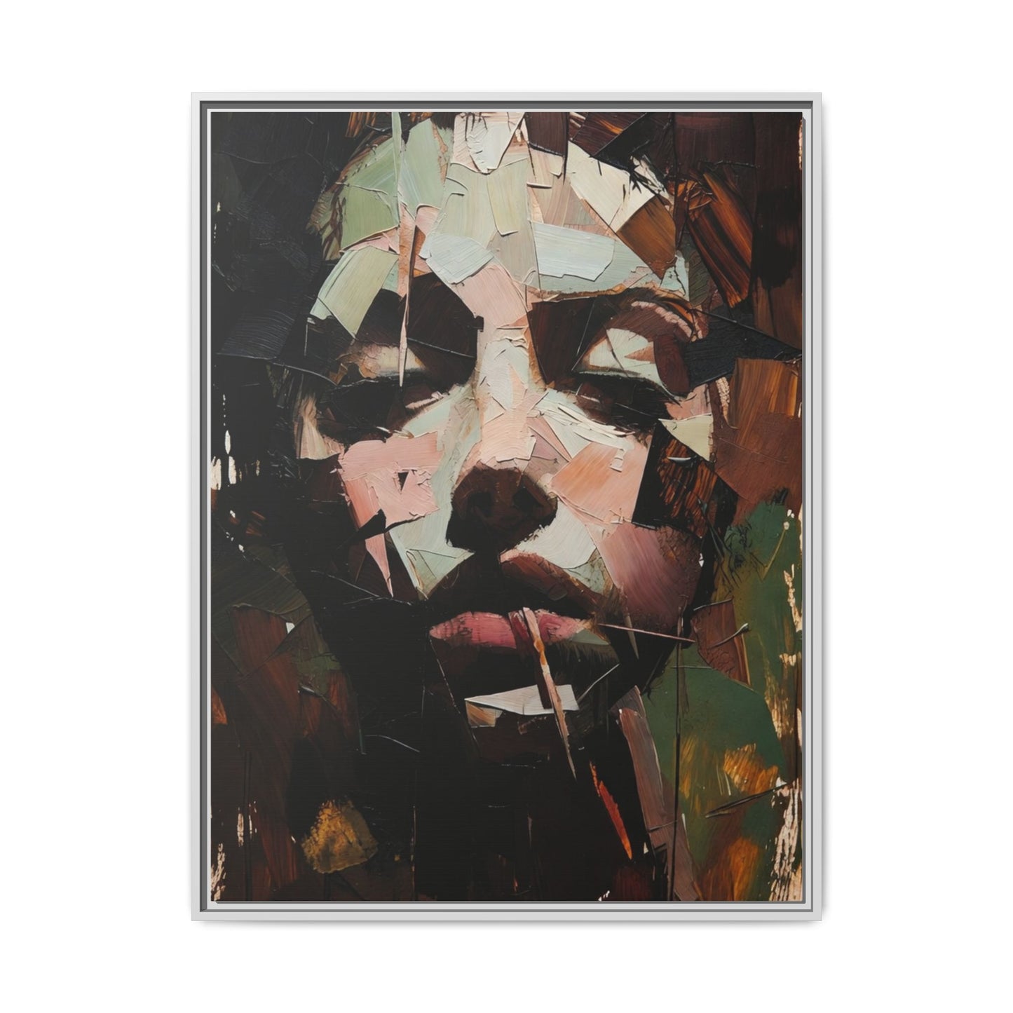 Matte Framed Canvas Art — Abstract Female Portrait, Moody Multicolor