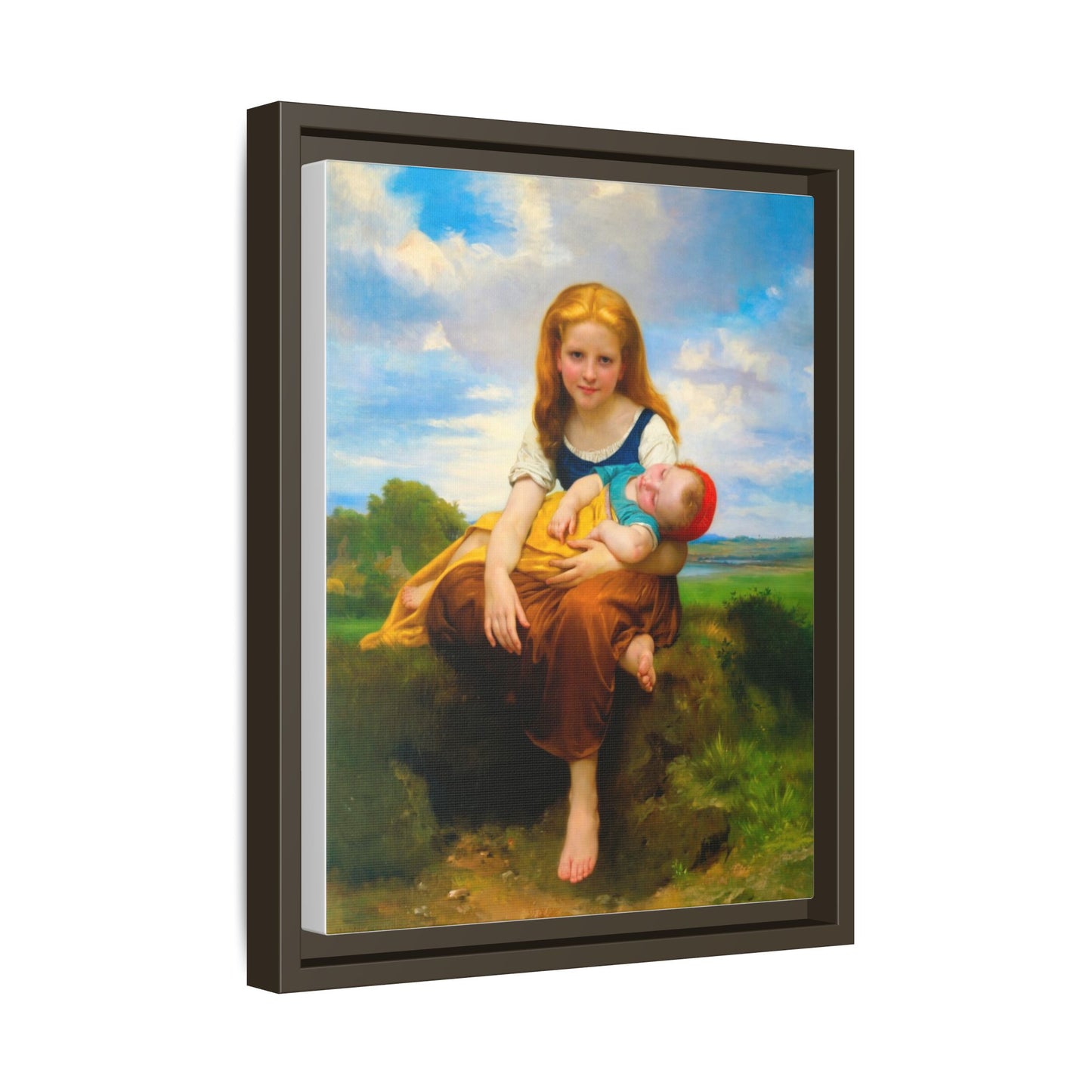 Young Girl Holding Sleeping Baby Canvas Print, Framed Wall Art