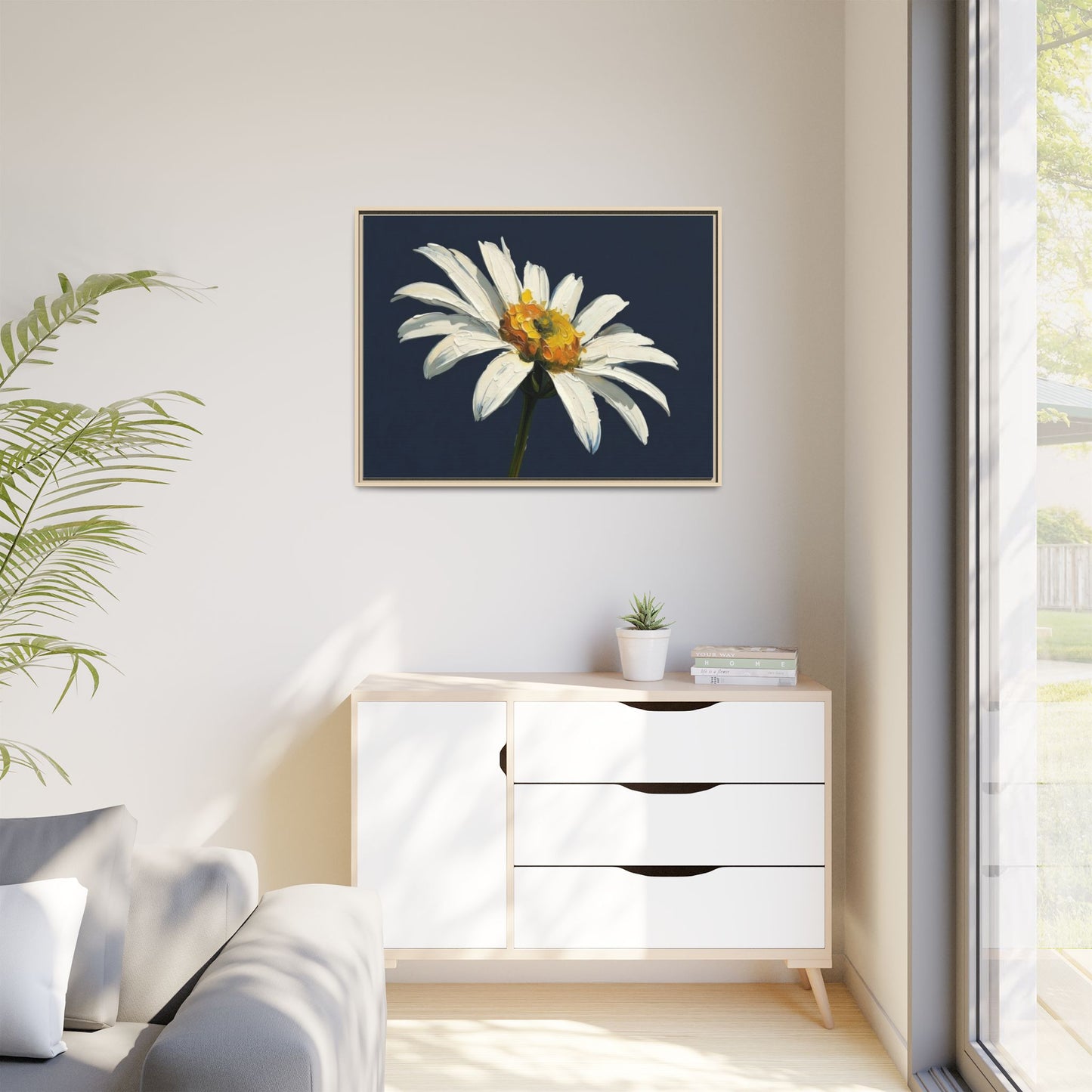 Framed Matte Canvas Daisy Wall Art — White Floral Painting on Navy