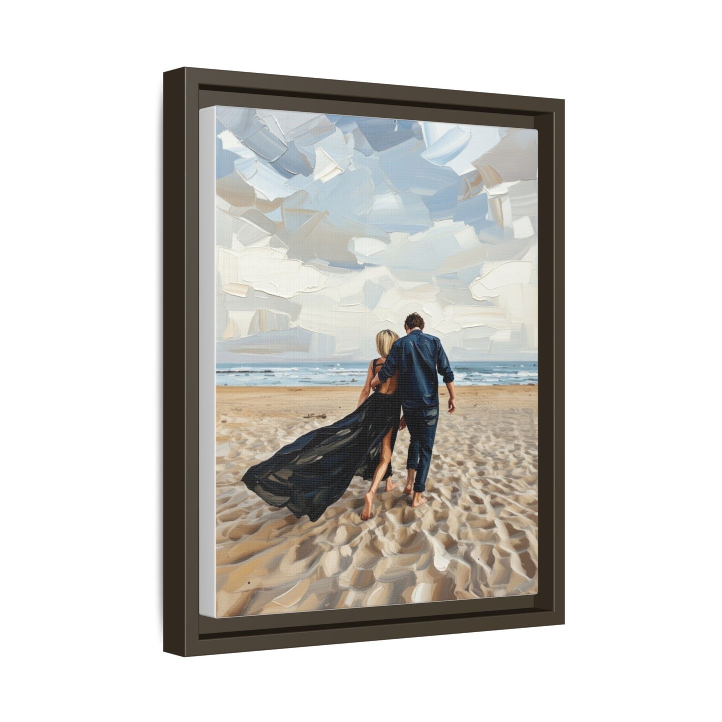 Framed Canvas Wall Art — Romantic Couple Walking on Beach Print