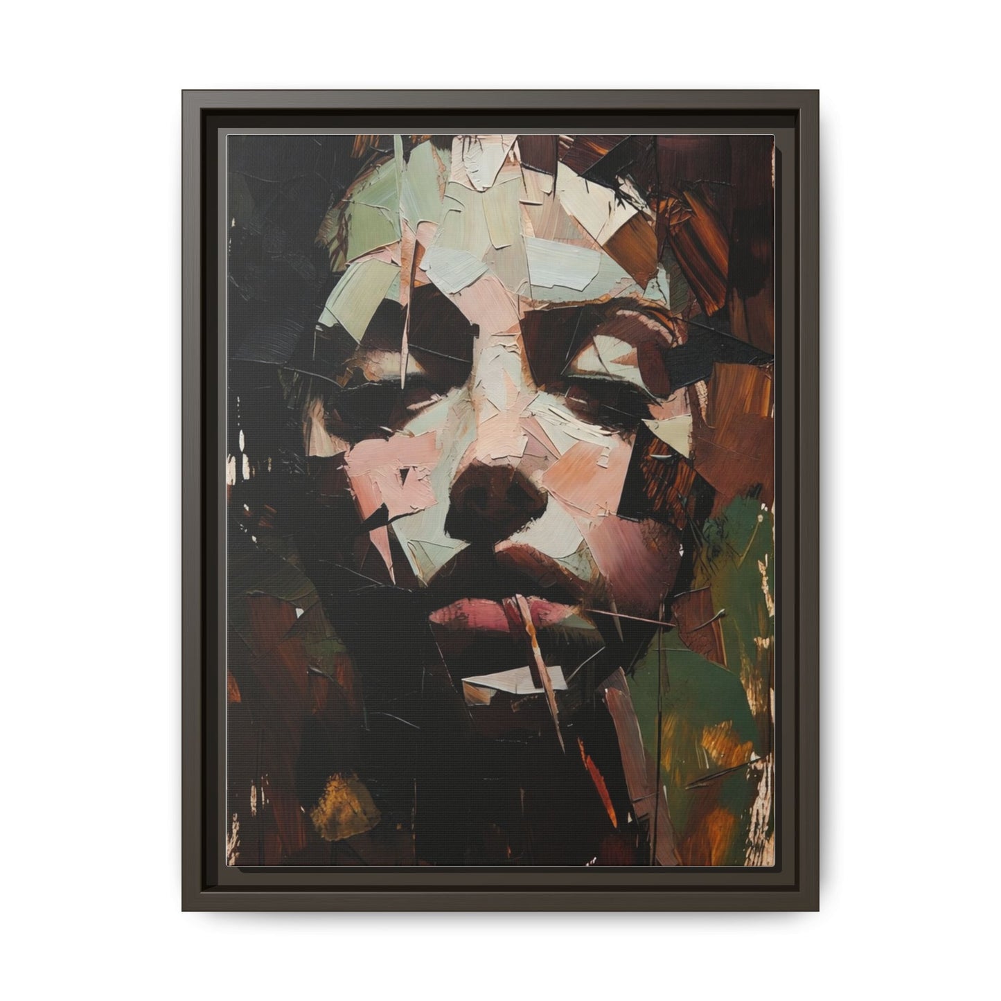 Matte Framed Canvas Art — Abstract Female Portrait, Moody Multicolor