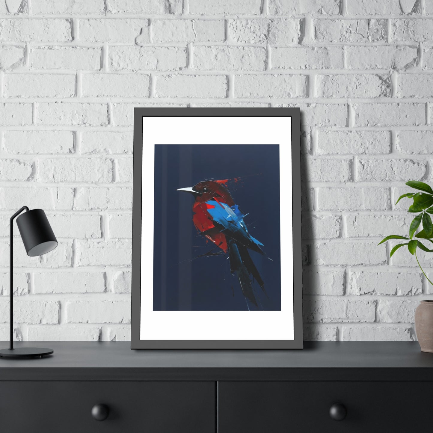 Framed Bird Art Print — Modern Red & Blue Kingfisher Poster