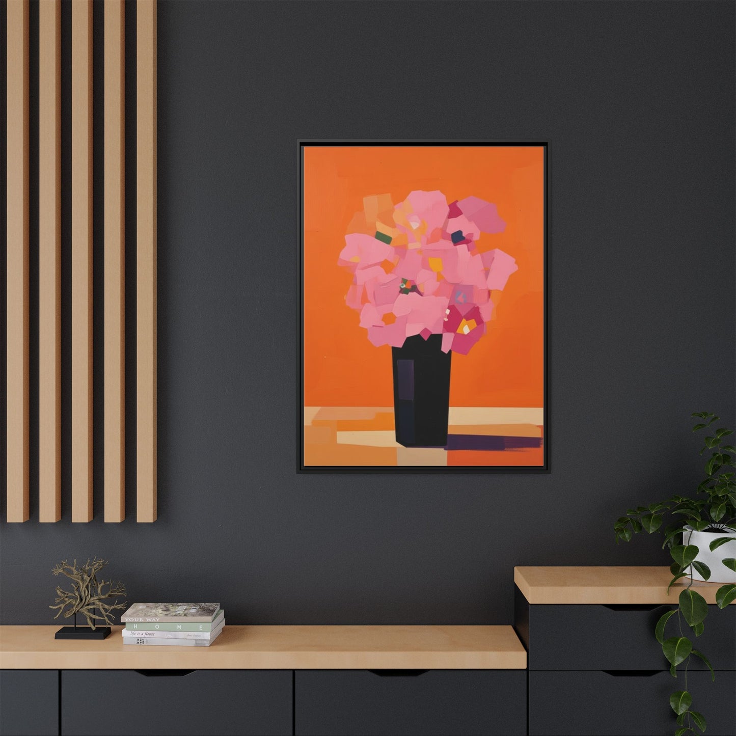 Framed Floral Canvas Art — Pink Bouquet on Orange Background