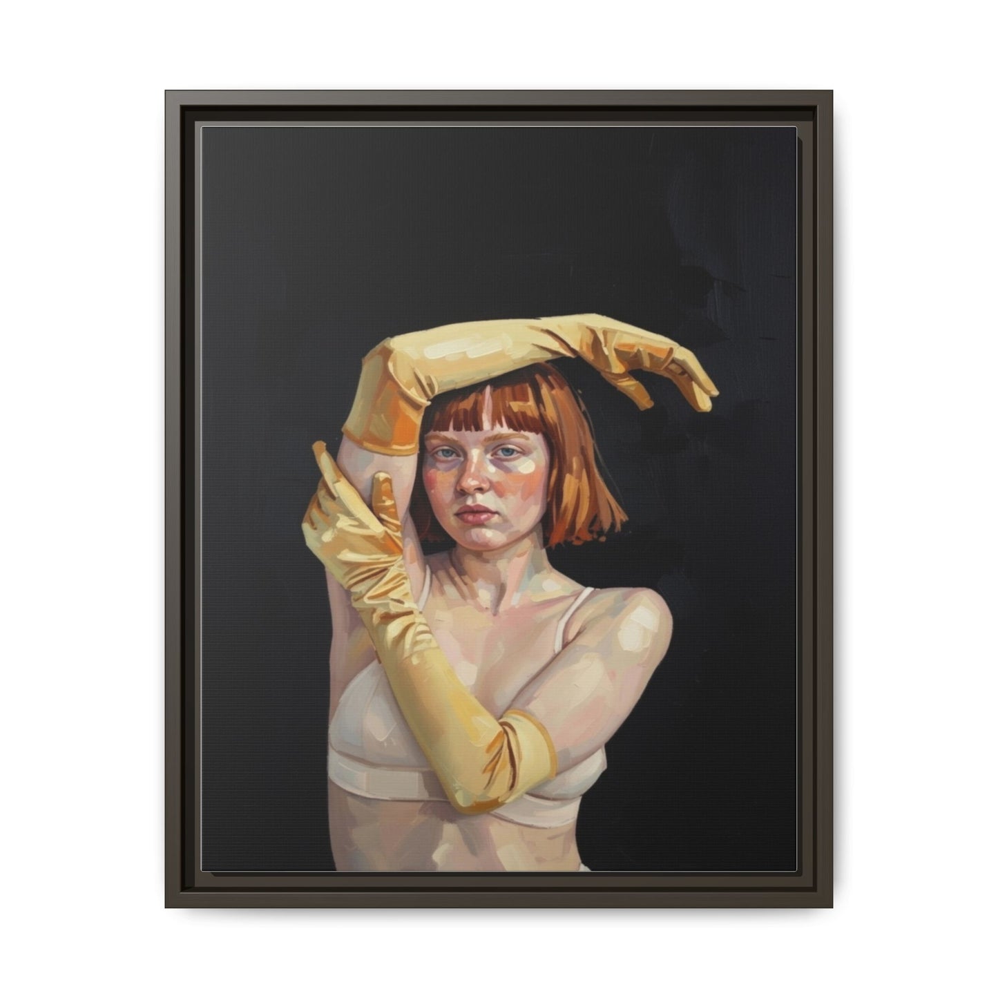 Framed Matte Canvas Art – Portrait of Woman in Yellow Gloves