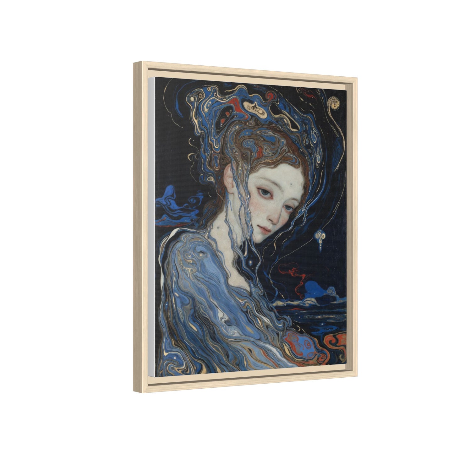 Framed Matte Canvas Art Print — Surreal Blue Maiden Portrait