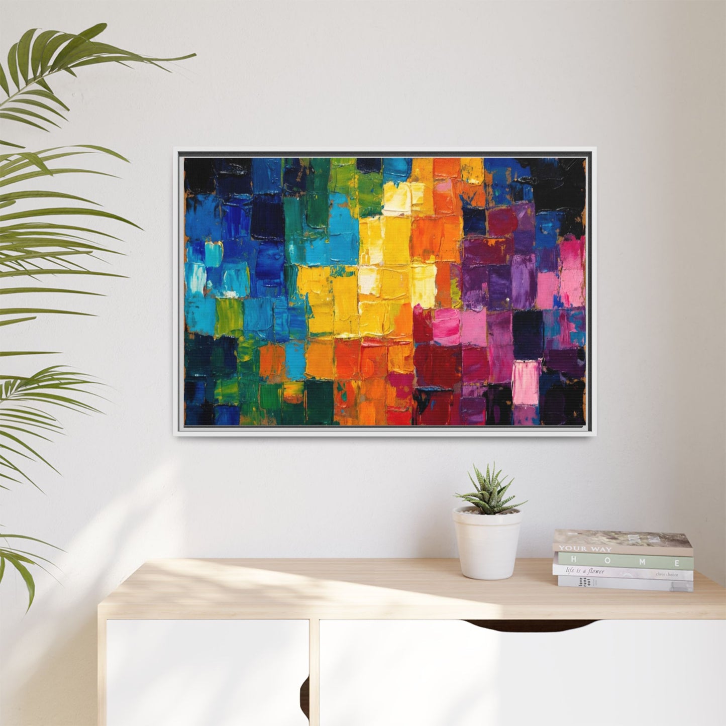 Abstract Rainbow Mosaic Framed Canvas Print — Colorful Modern Wall Art