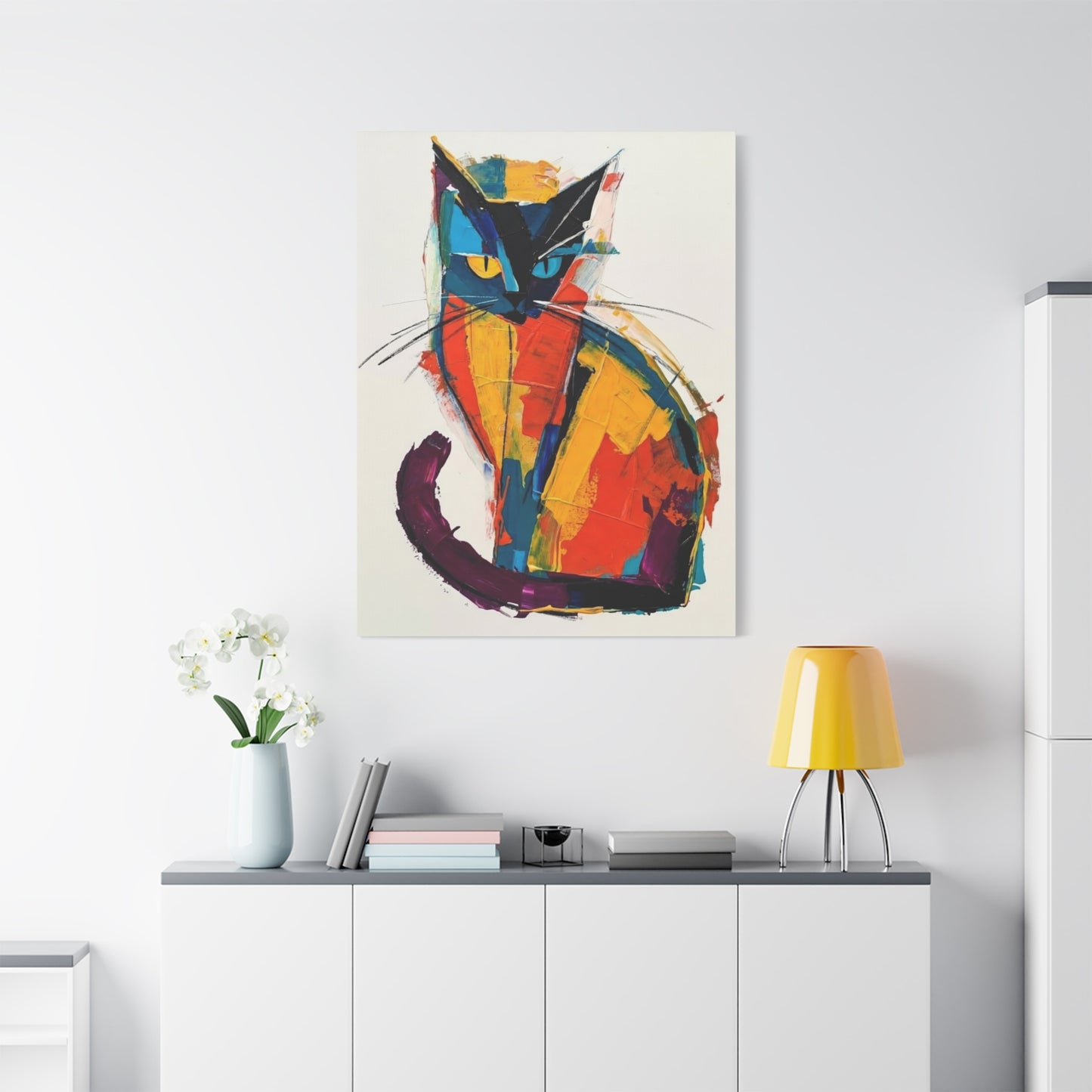 Colorful Abstract Cat Canvas Art - Modern Stretched Matte Wall Decor
