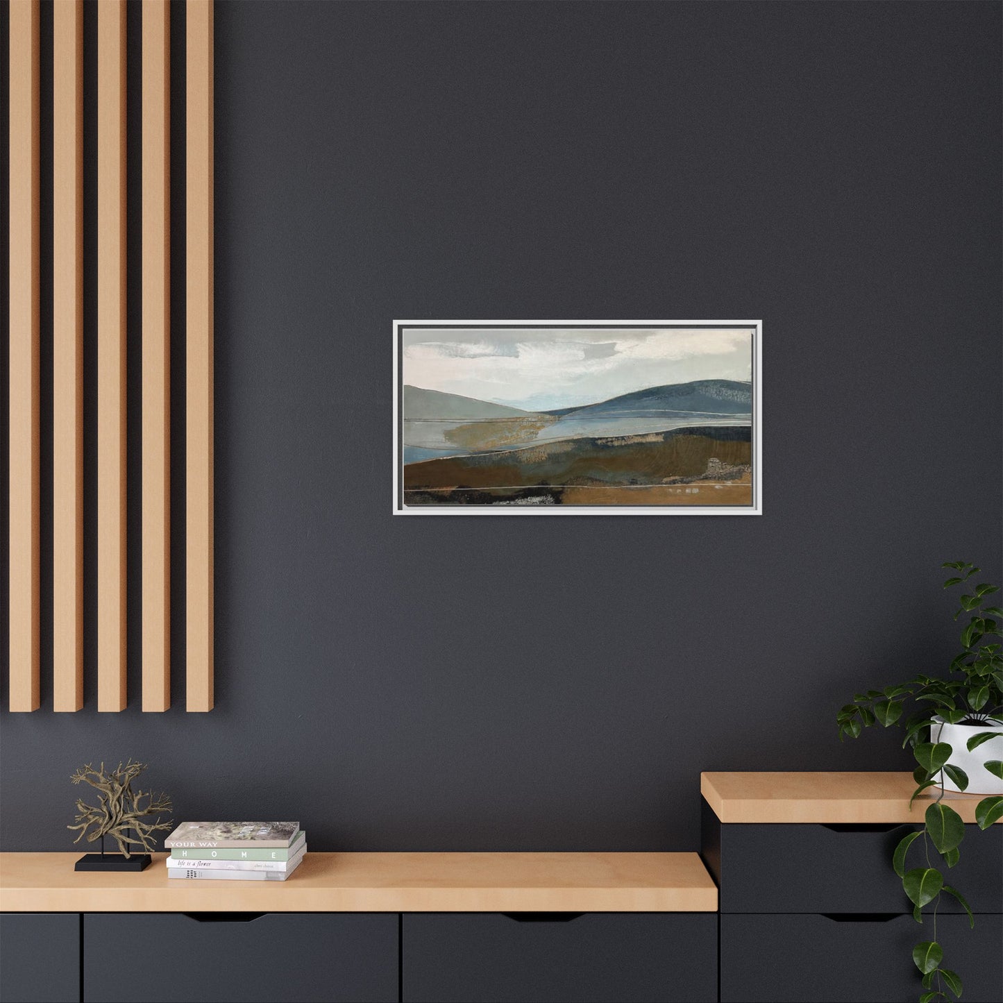 Framed Matte Canvas Landscape Art - Serene Abstract Hills in Blue & Earth Tones