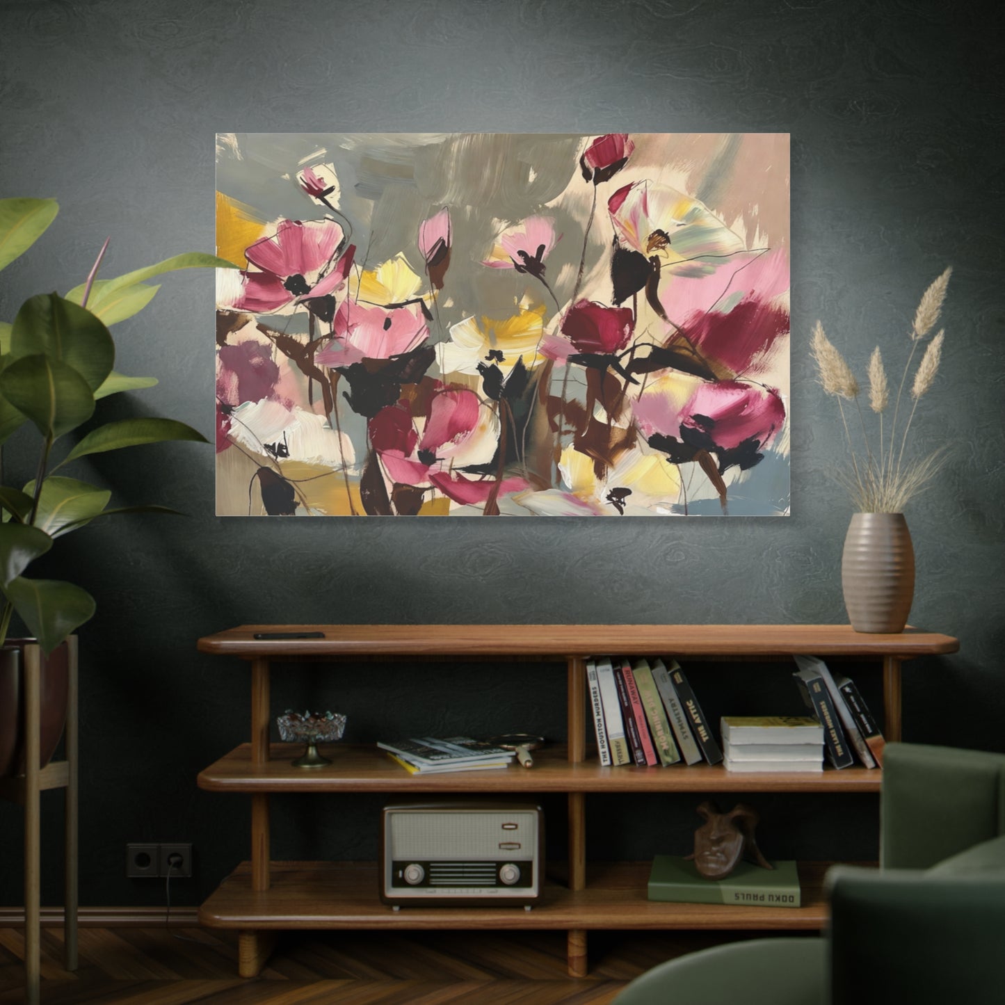 Floral Abstract Canvas Wall Art — Pink & Yellow Bloom Stretched Matte Print