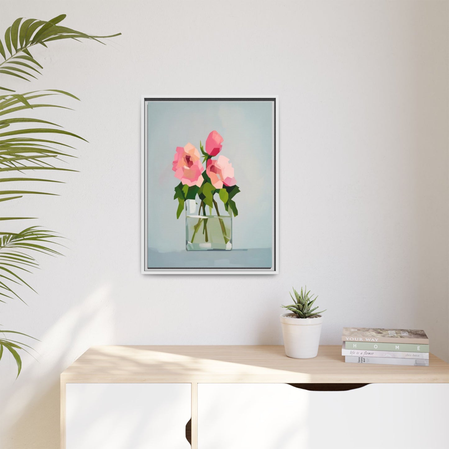 Framed Floral Canvas Print — Pink Roses in Glass Vase (Matte)