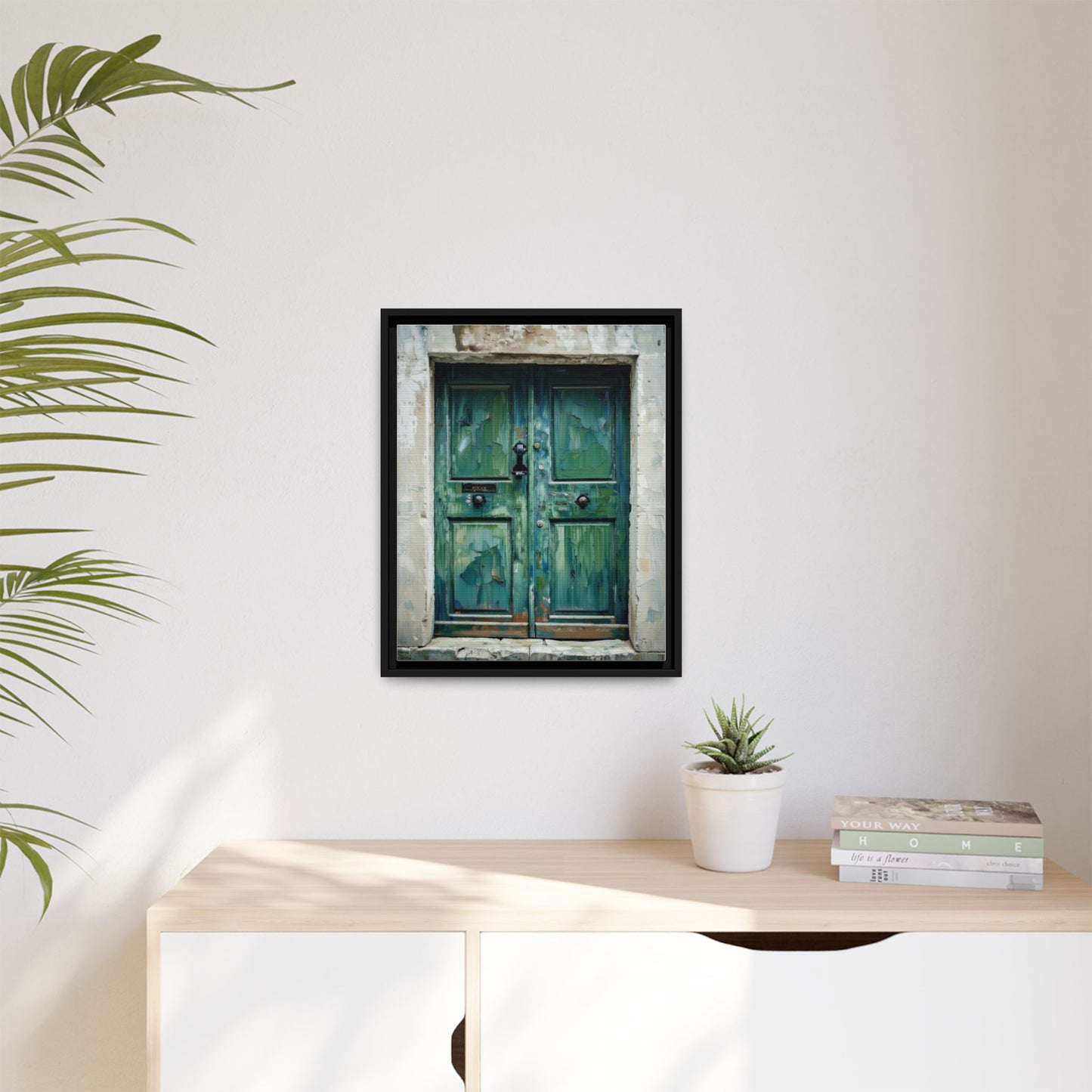 Framed Matte Canvas Art — Weathered Green Door Wall Print