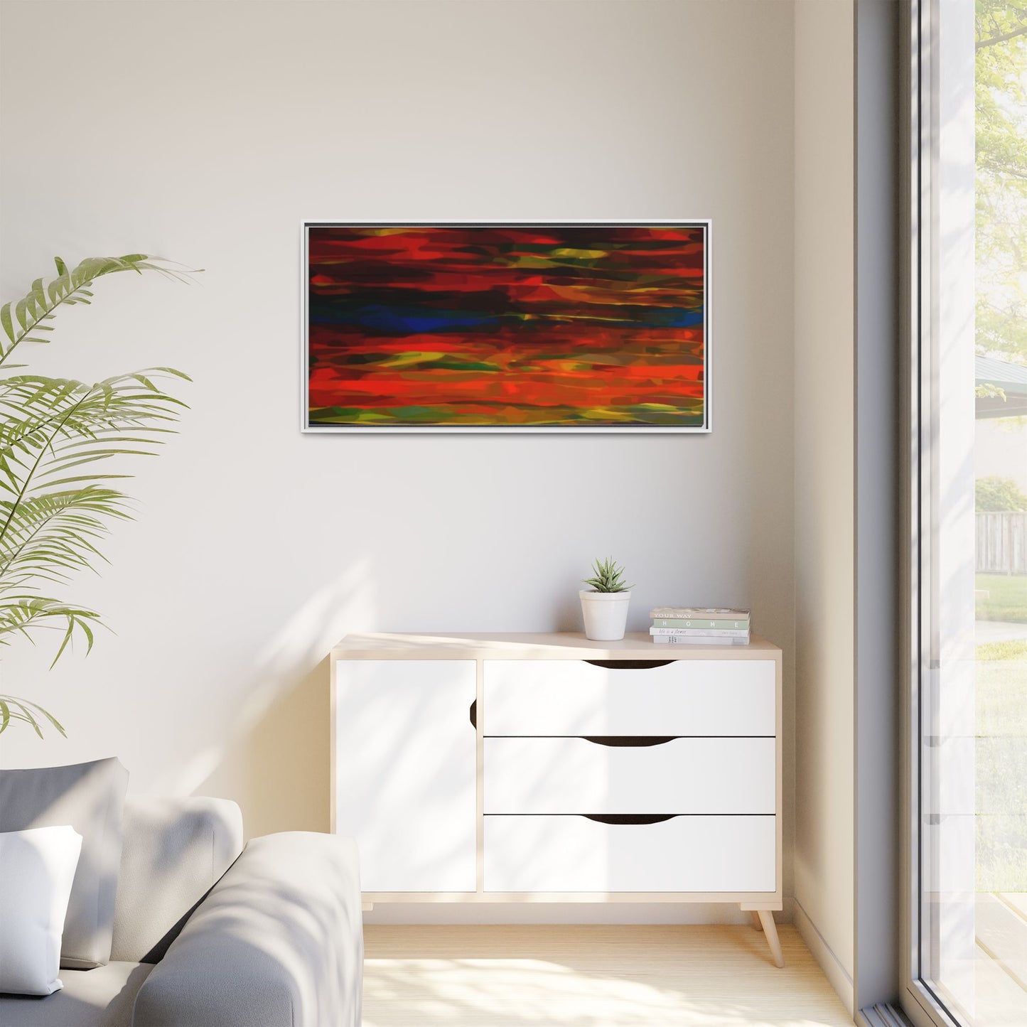 Abstract Multi-Color Matte Canvas Framed Wall Art — Bold Red & Blue Modern Painting