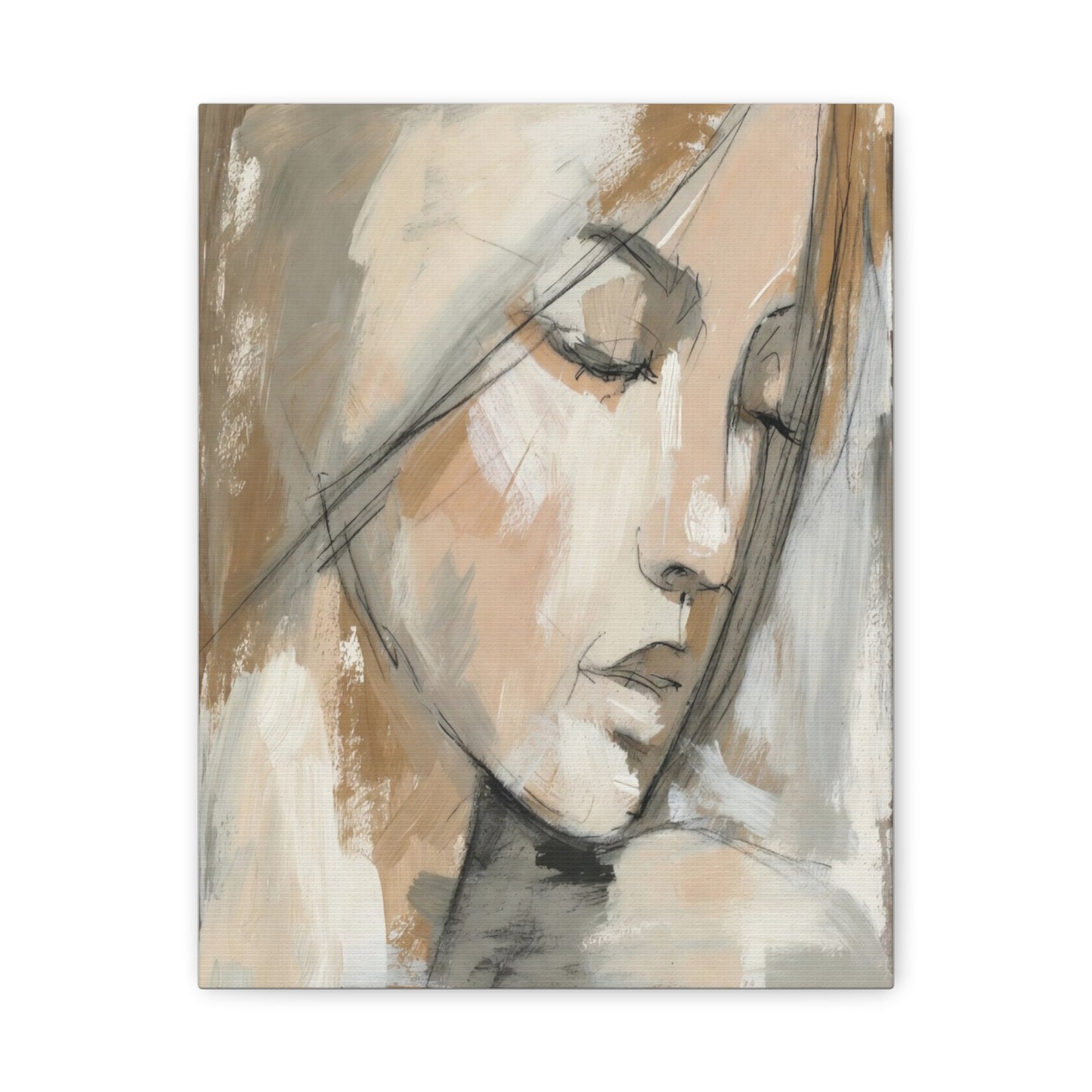 Serene Woman Portrait Matte Canvas Wall Art — Neutral Abstract Face Painting
