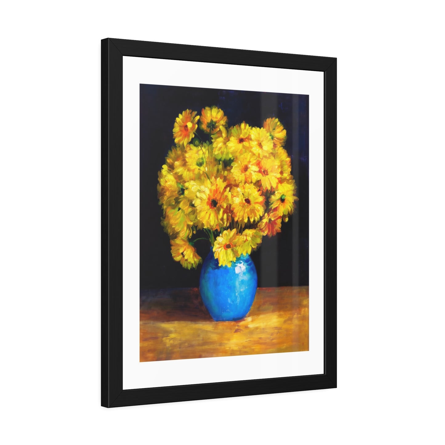 Framed Art Print — Yellow Daisy Bouquet in Blue Vase