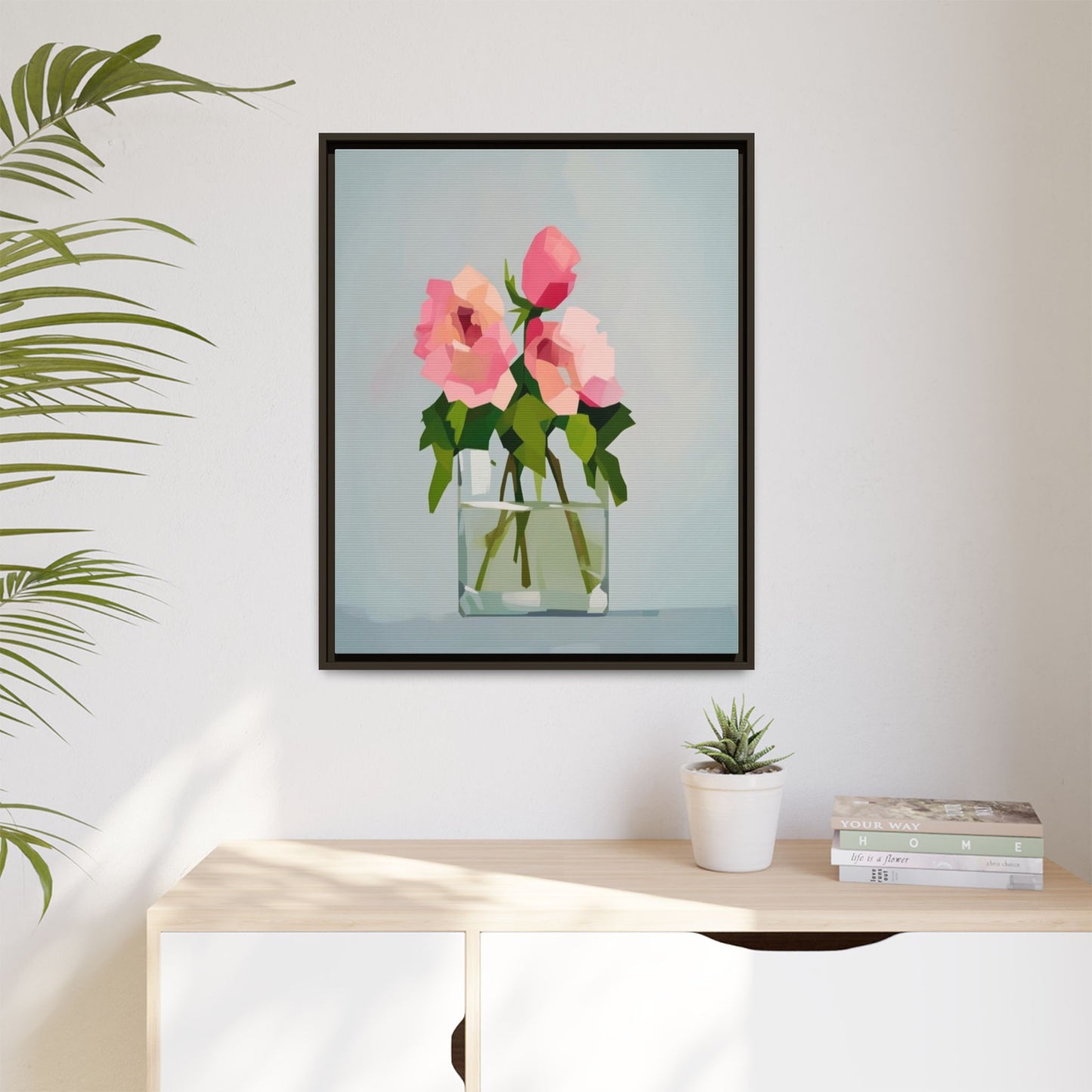 Framed Floral Canvas Print — Pink Roses in Glass Vase (Matte)