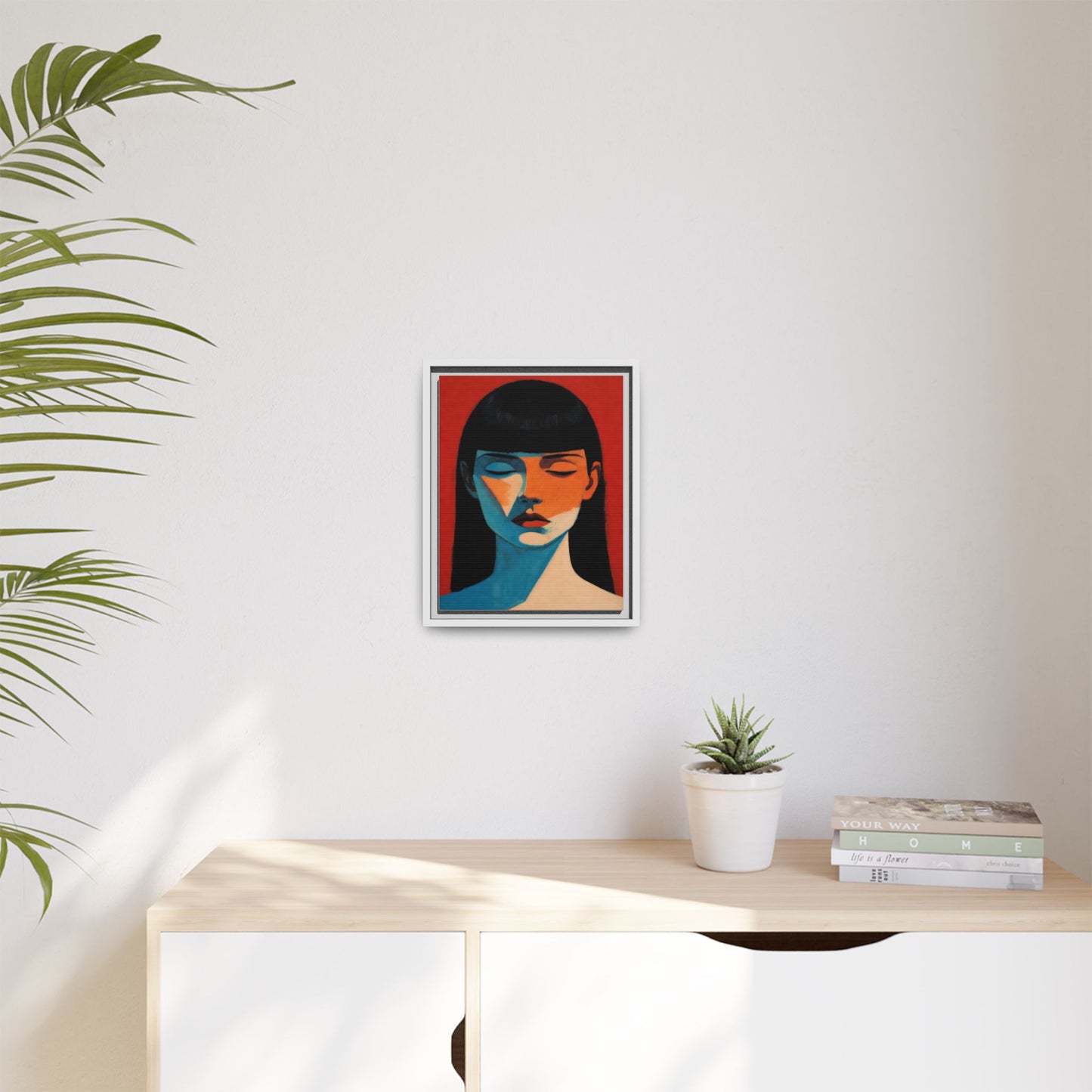 Framed Matte Canvas Art – Minimalist Portrait in Red & Teal