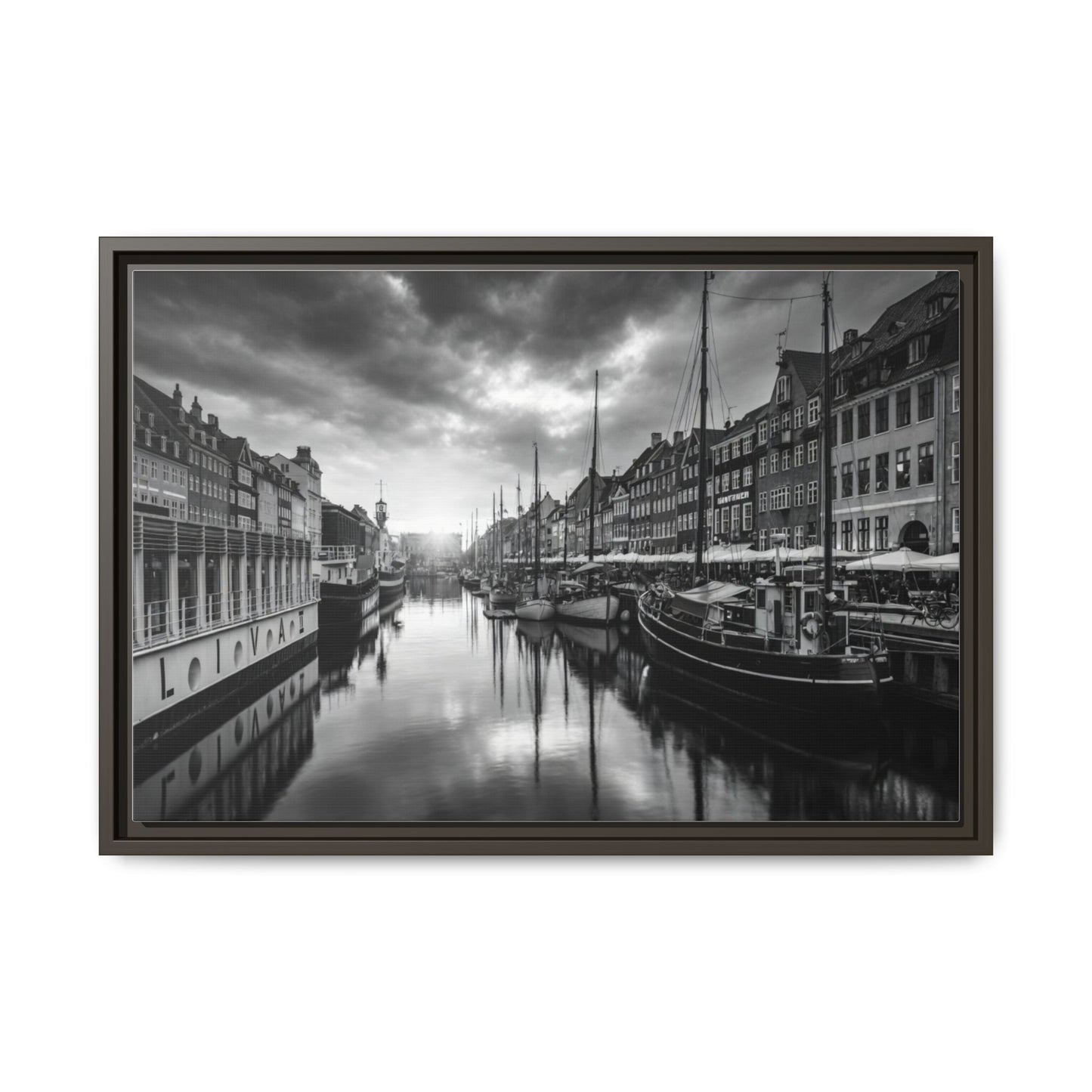 Framed Matte Canvas: Black & White Dutch Canal Photography Wall Art