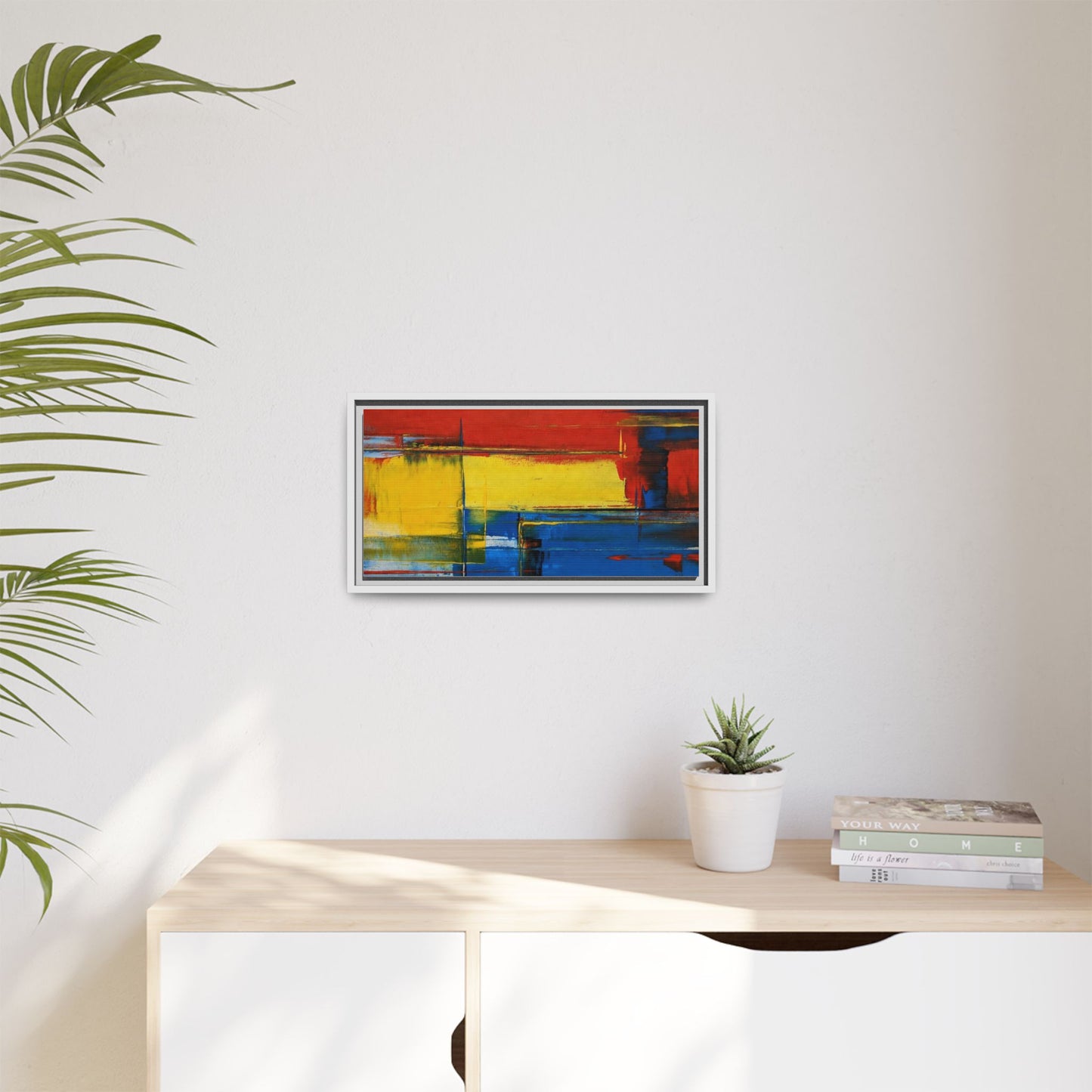Abstract Color Block Matte Canvas Framed Wall Art — Modern Red Yellow Blue Painting