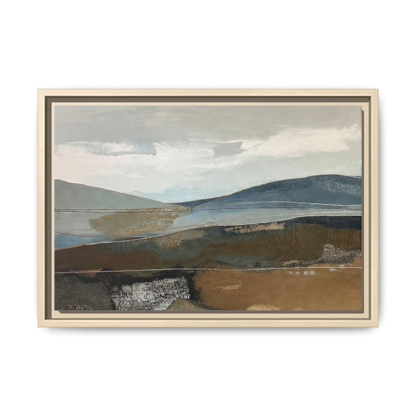 Framed Matte Canvas Landscape Art - Serene Abstract Hills in Blue & Earth Tones