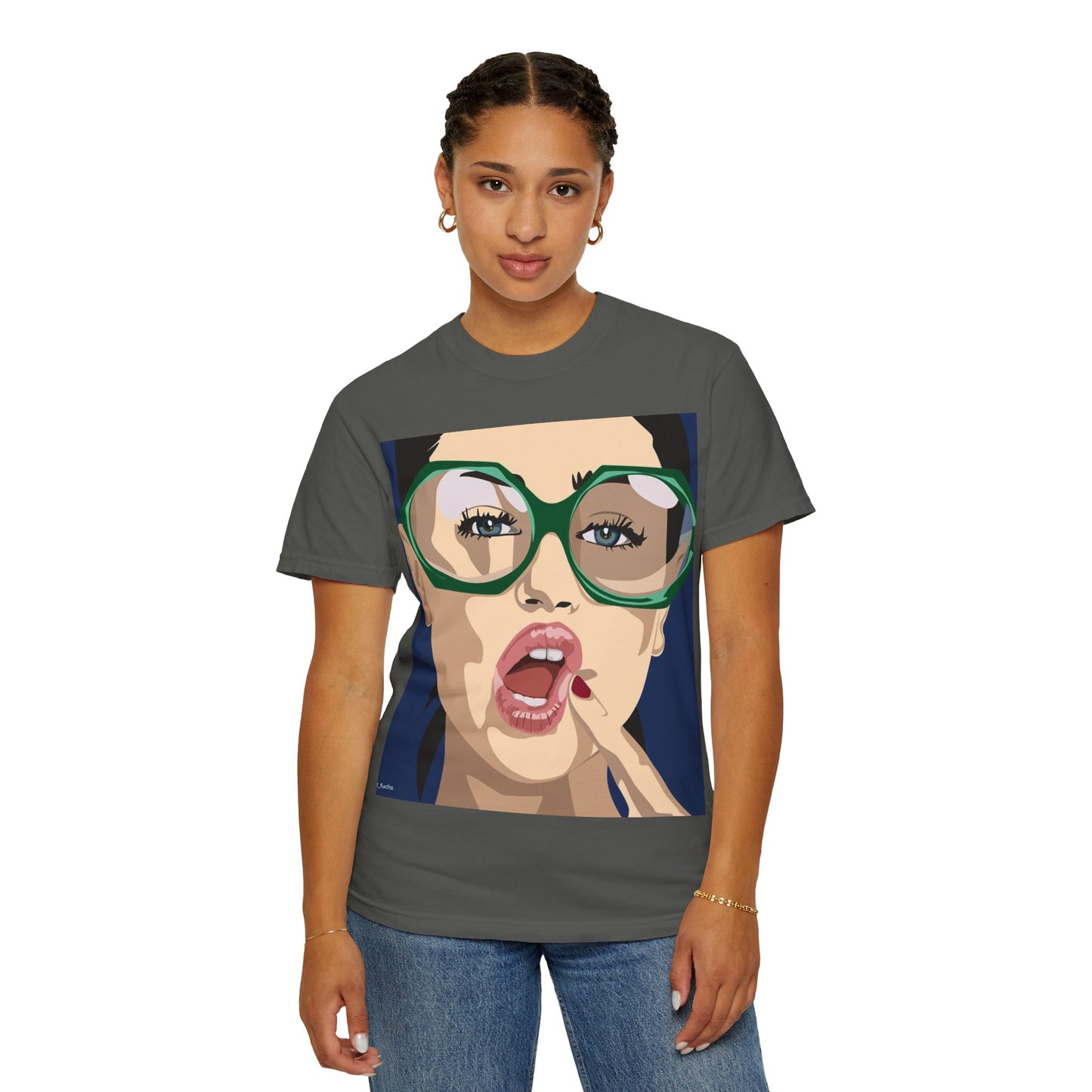 Pop Art Woman Graphic T‑Shirt — Retro Chic Green Glasses Design
