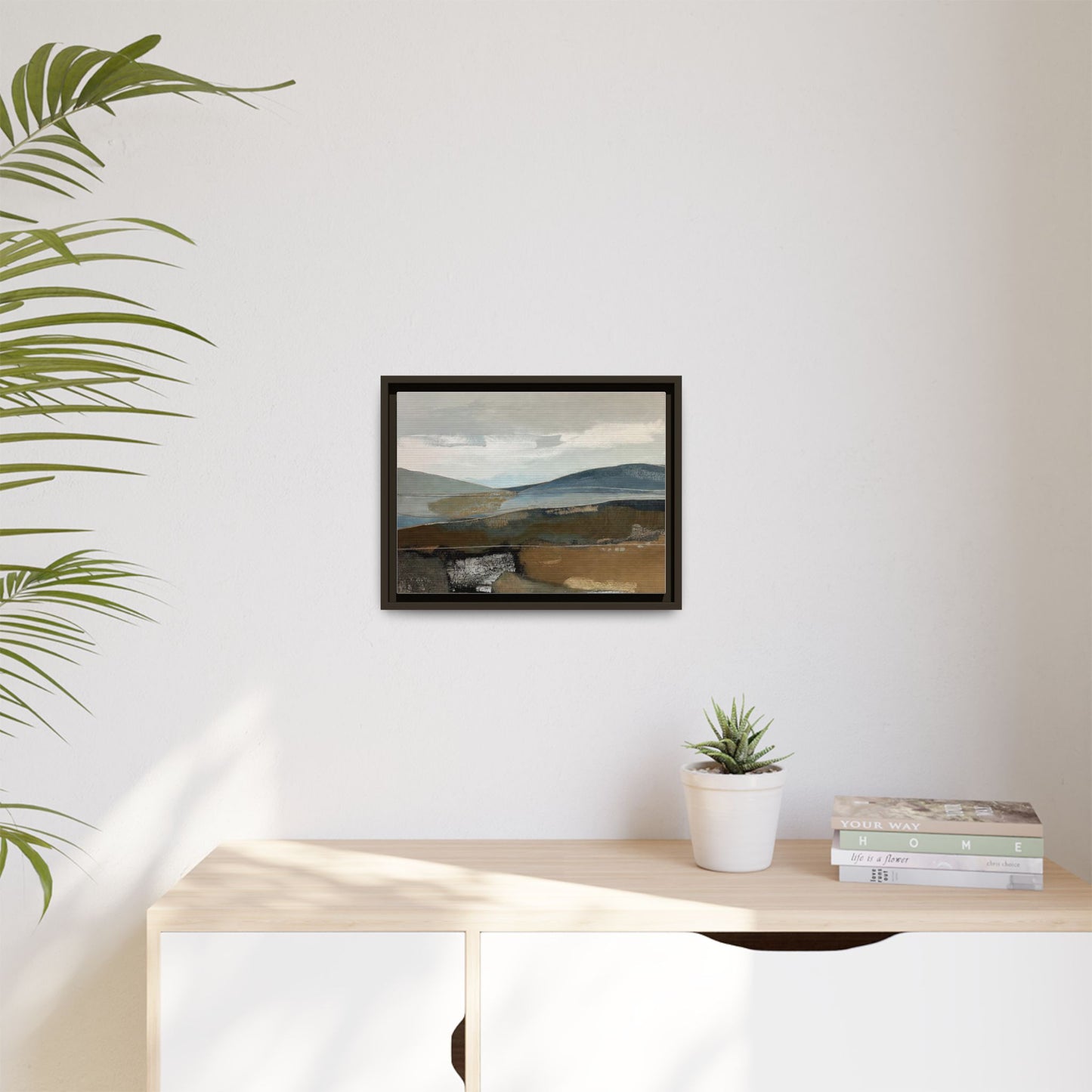 Framed Matte Canvas Landscape Art - Serene Abstract Hills in Blue & Earth Tones