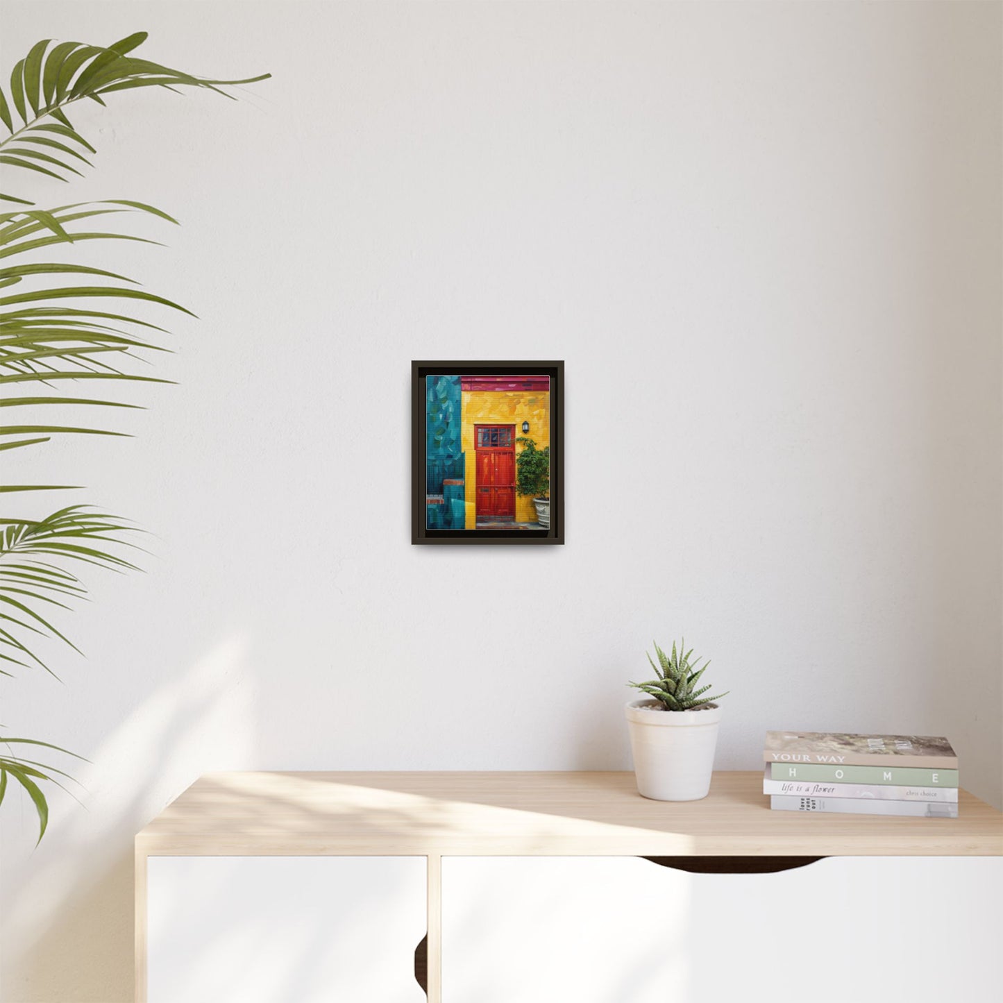 Framed Matte Canvas Wall Art — Colorful Red Door on Yellow Facade