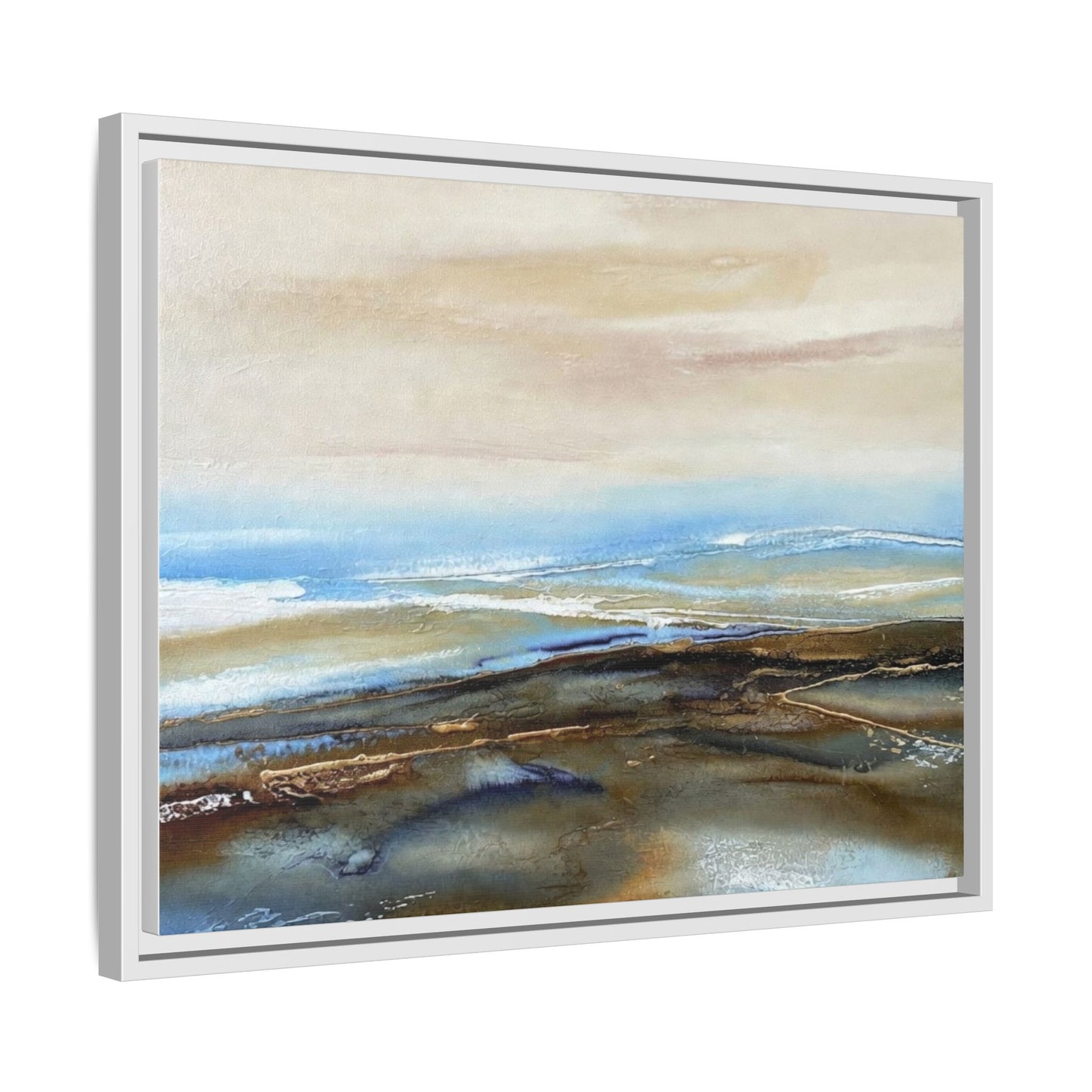 Framed Abstract Seascape Matte Canvas — Coastal Blue & Earth Tone Wall Art