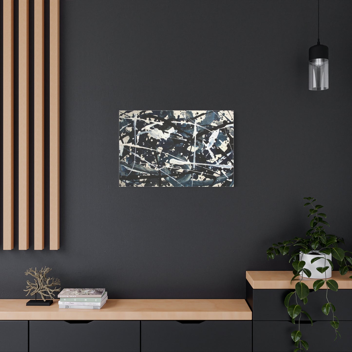 Abstract Drip Painting Canvas Print — Blue & Black Modern Wall Art (Matte Stretched)