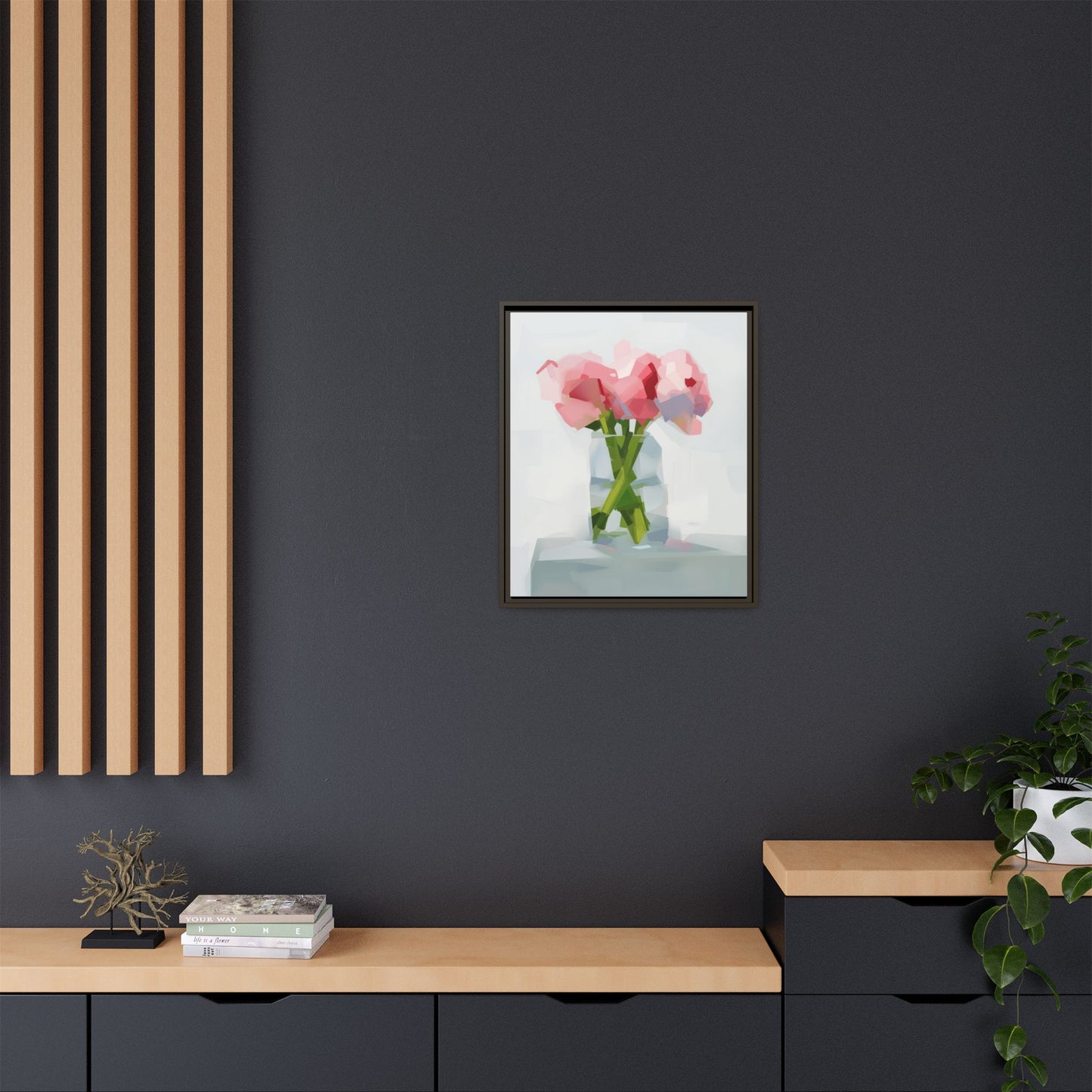 Framed Floral Canvas Art — Pink Peonies in Vase (Matte)