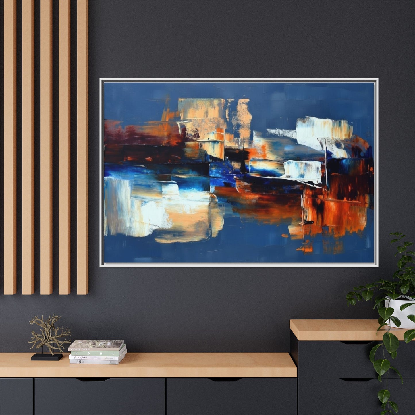 Abstract Blue & Rust Framed Canvas Art — Modern Matte Wall Painting