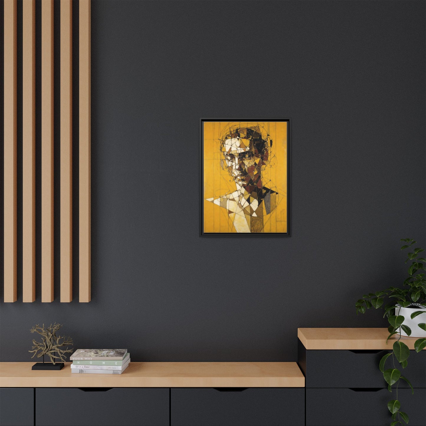 Framed Matte Canvas Art - Abstract Geometric Portrait on Mustard Yellow